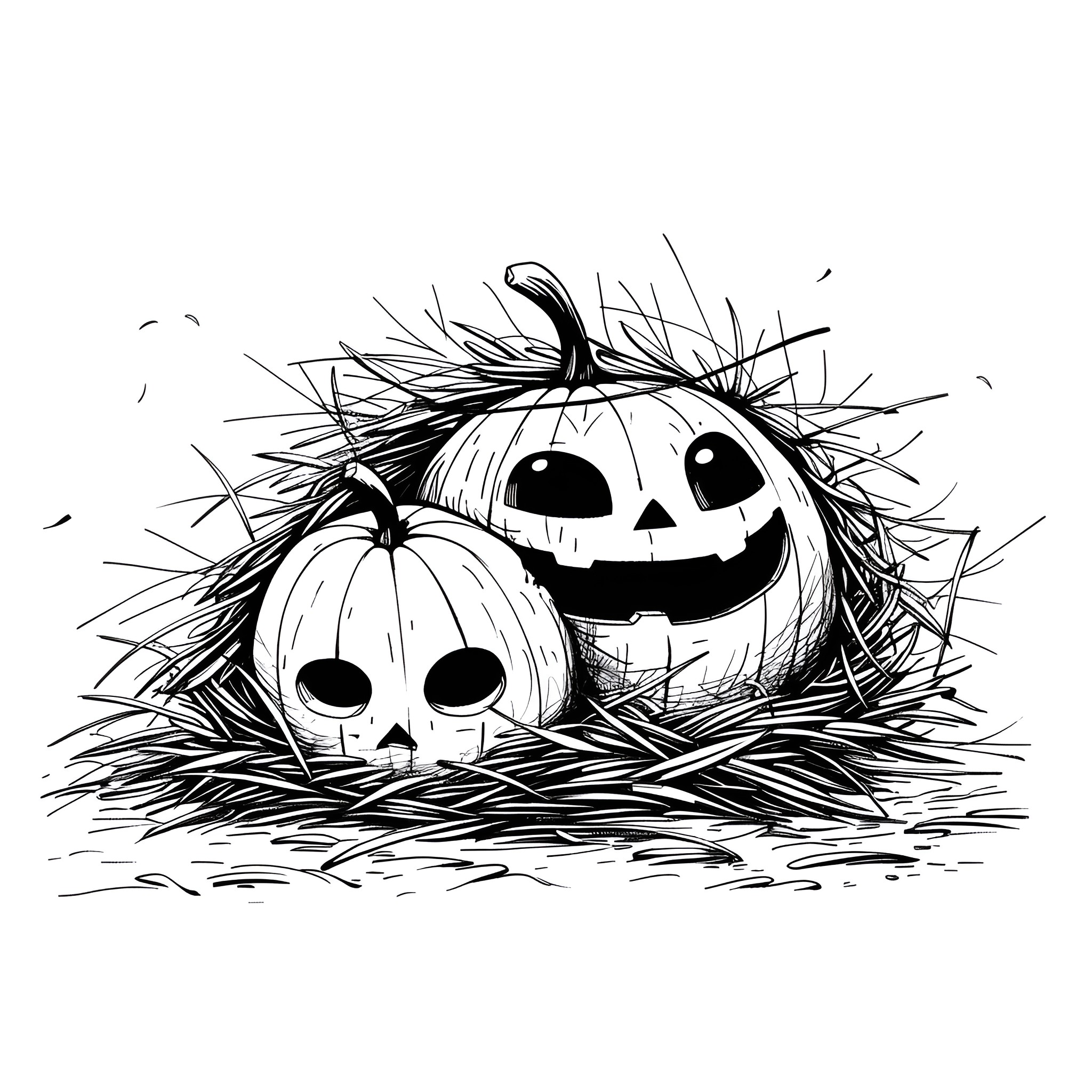 Pumpkins nestled in autumn foliage Drawing Idea (free black-and-white line drawing printable PDF for all, from beginners to advanced learners, including children, teens, adults, and seniors)