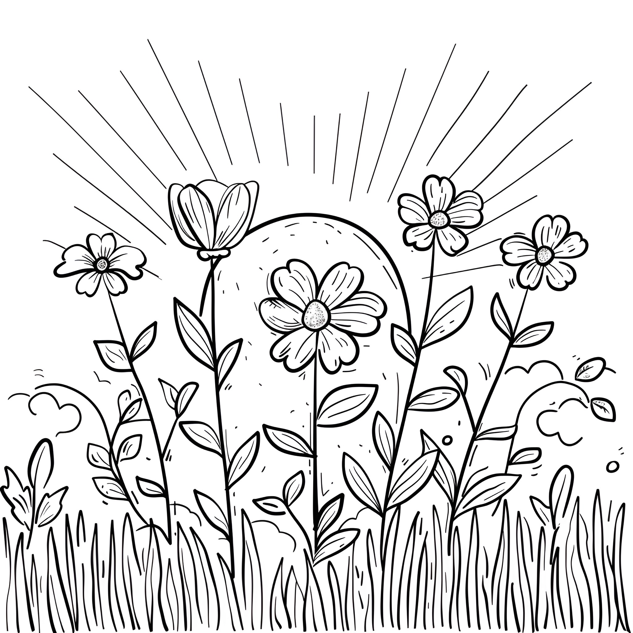 Flowers blooming in lush garden Drawing Idea (free black-and-white line drawing printable PDF for all, from beginners to advanced learners, including children, teens, adults, and seniors)