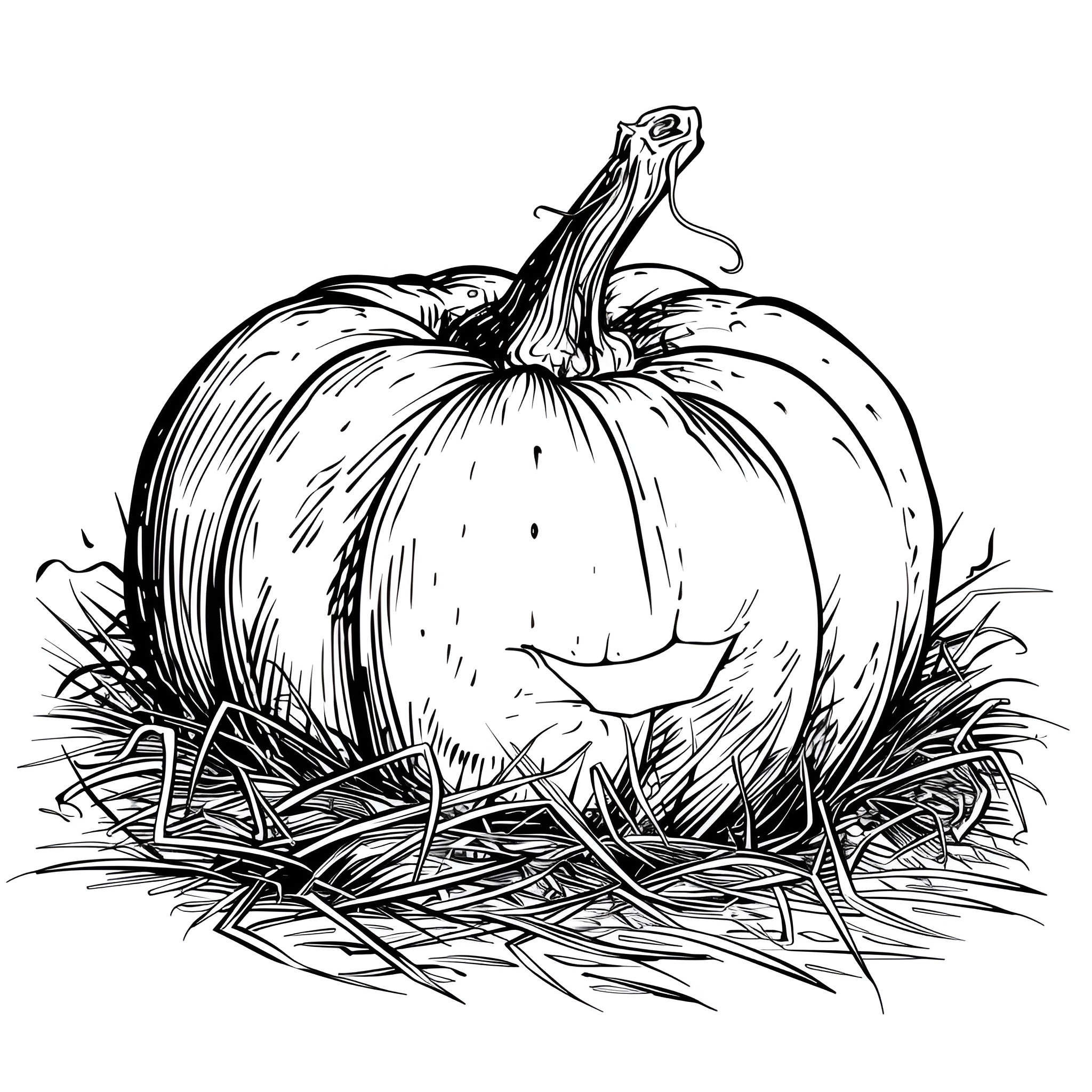 Pumpkin in Autumn Hay Drawing Idea (free black-and-white line drawing printable PDF for all, from beginners to advanced learners, including children, teens, adults, and seniors)