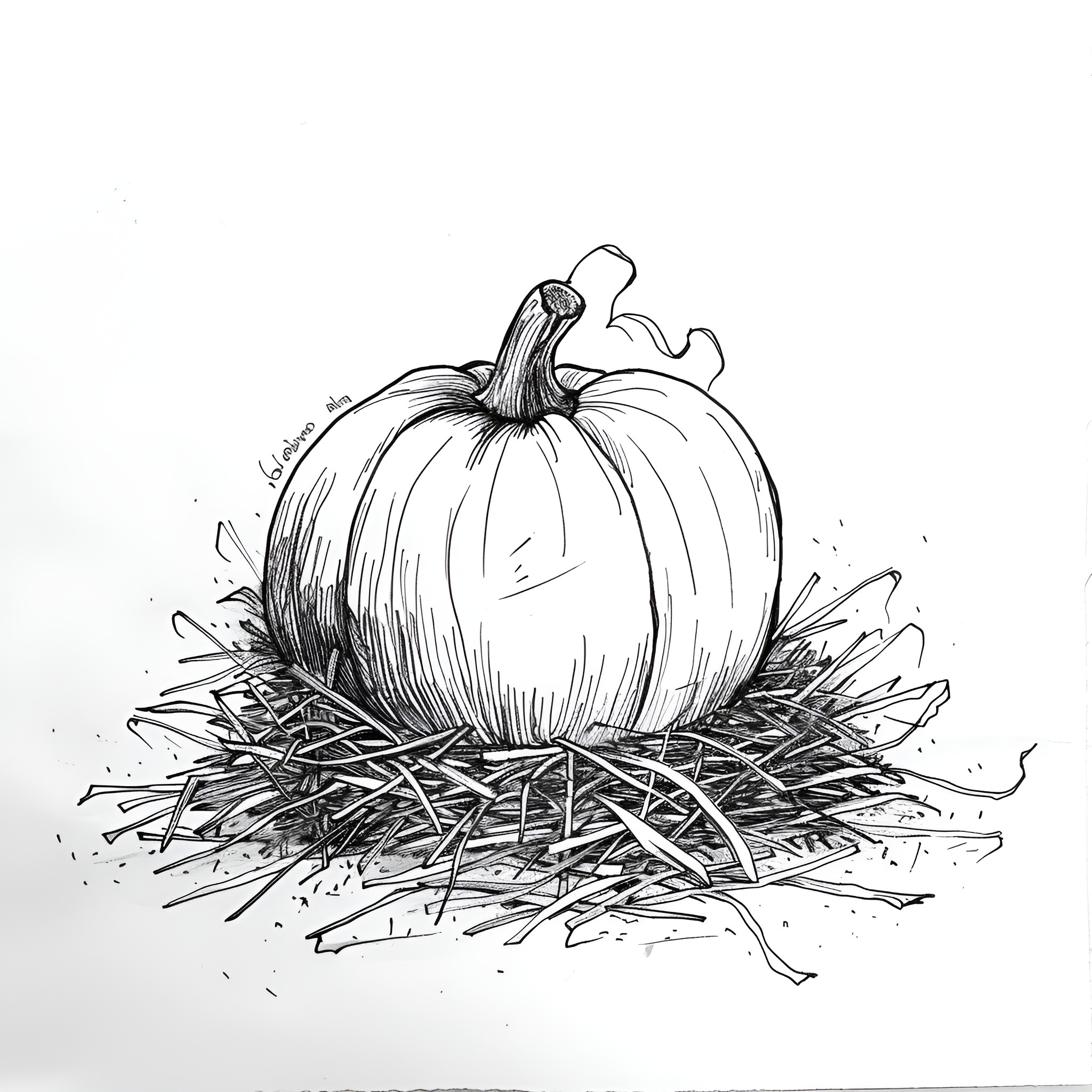 Pumpkin nesting in straw Drawing Idea (free black-and-white line drawing printable PDF for all, from beginners to advanced learners, including children, teens, adults, and seniors)
