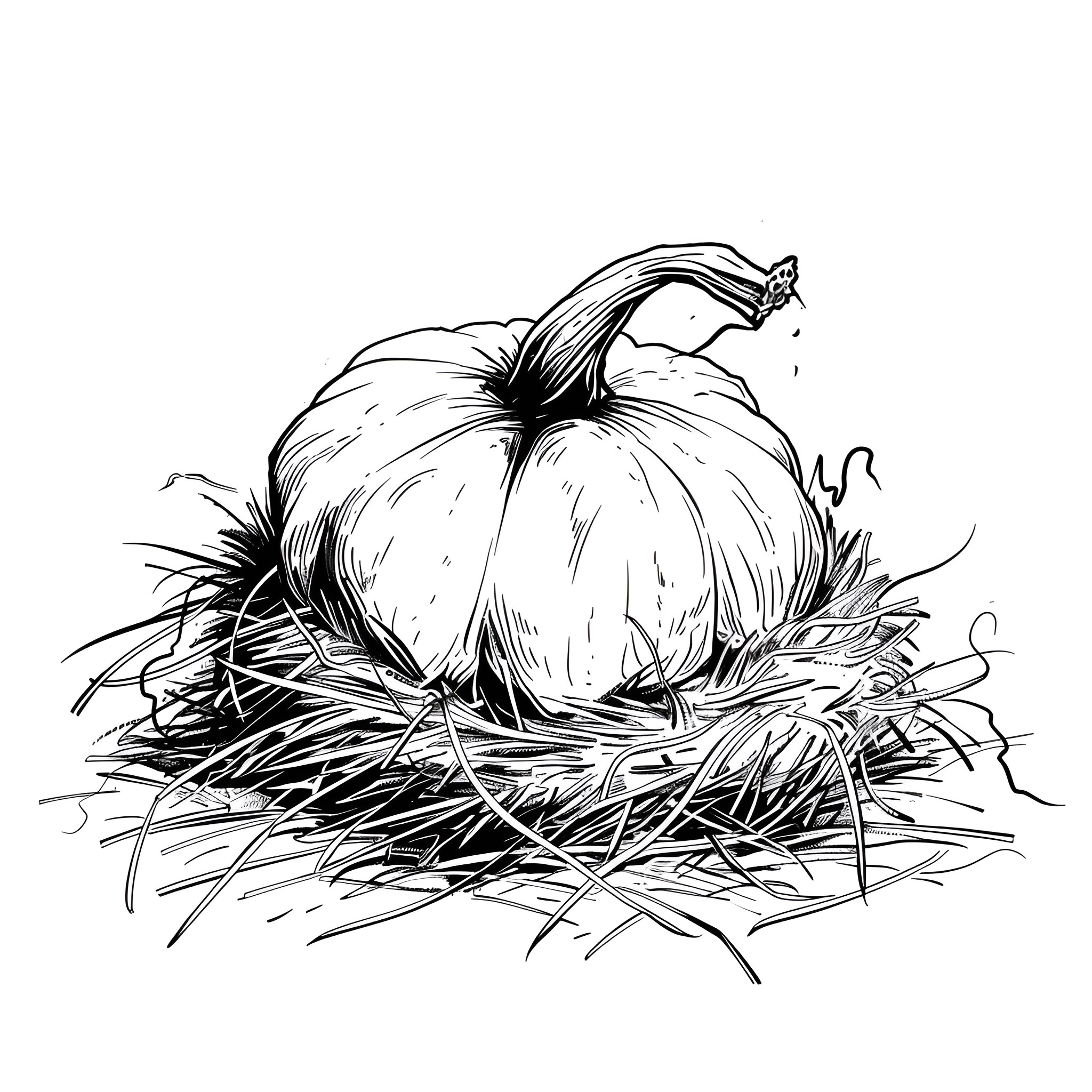 Pumpkin in Cozy Nest Drawing Idea (free black-and-white line drawing printable PDF for all, from beginners to advanced learners, including children, teens, adults, and seniors)