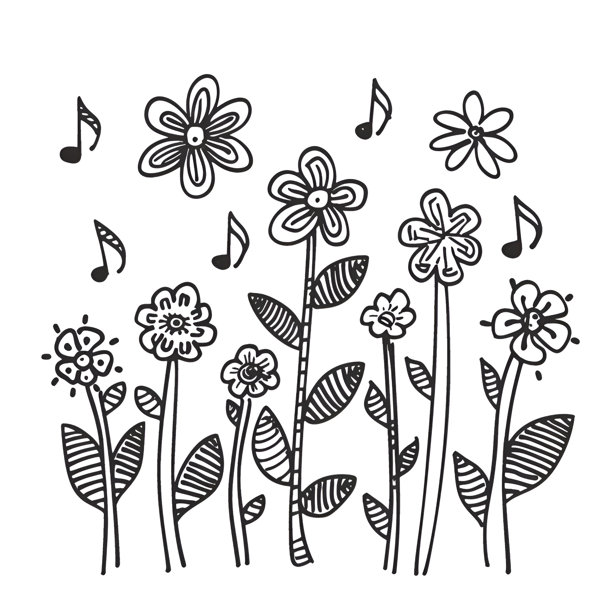 Flowers dancing with musical notes Drawing Idea (free black-and-white line drawing printable PDF for all, from beginners to advanced learners, including children, teens, adults, and seniors)