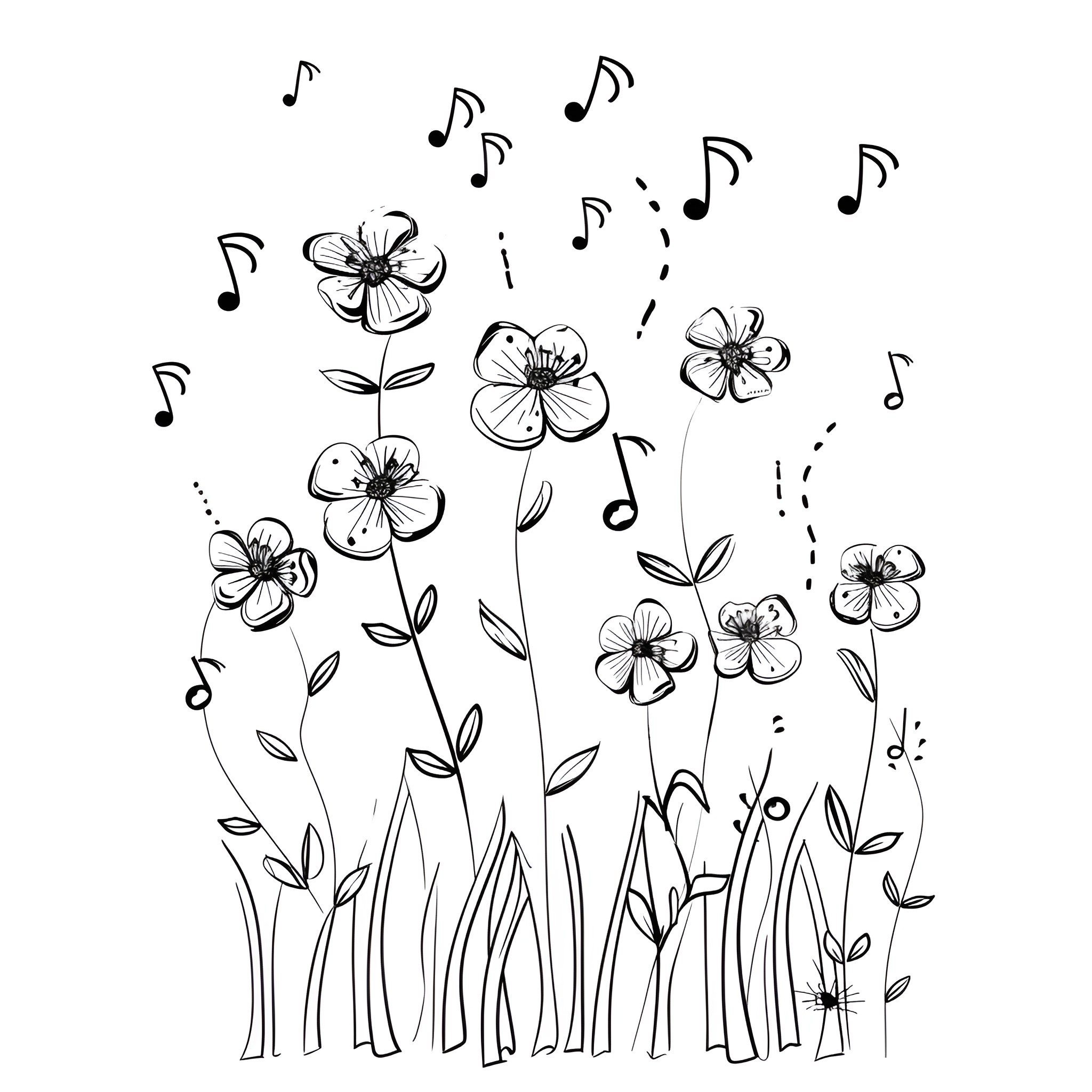 Flowers singing and dancing in the meadow Drawing Idea (free black-and-white line drawing printable PDF for all, from beginners to advanced learners, including children, teens, adults, and seniors)