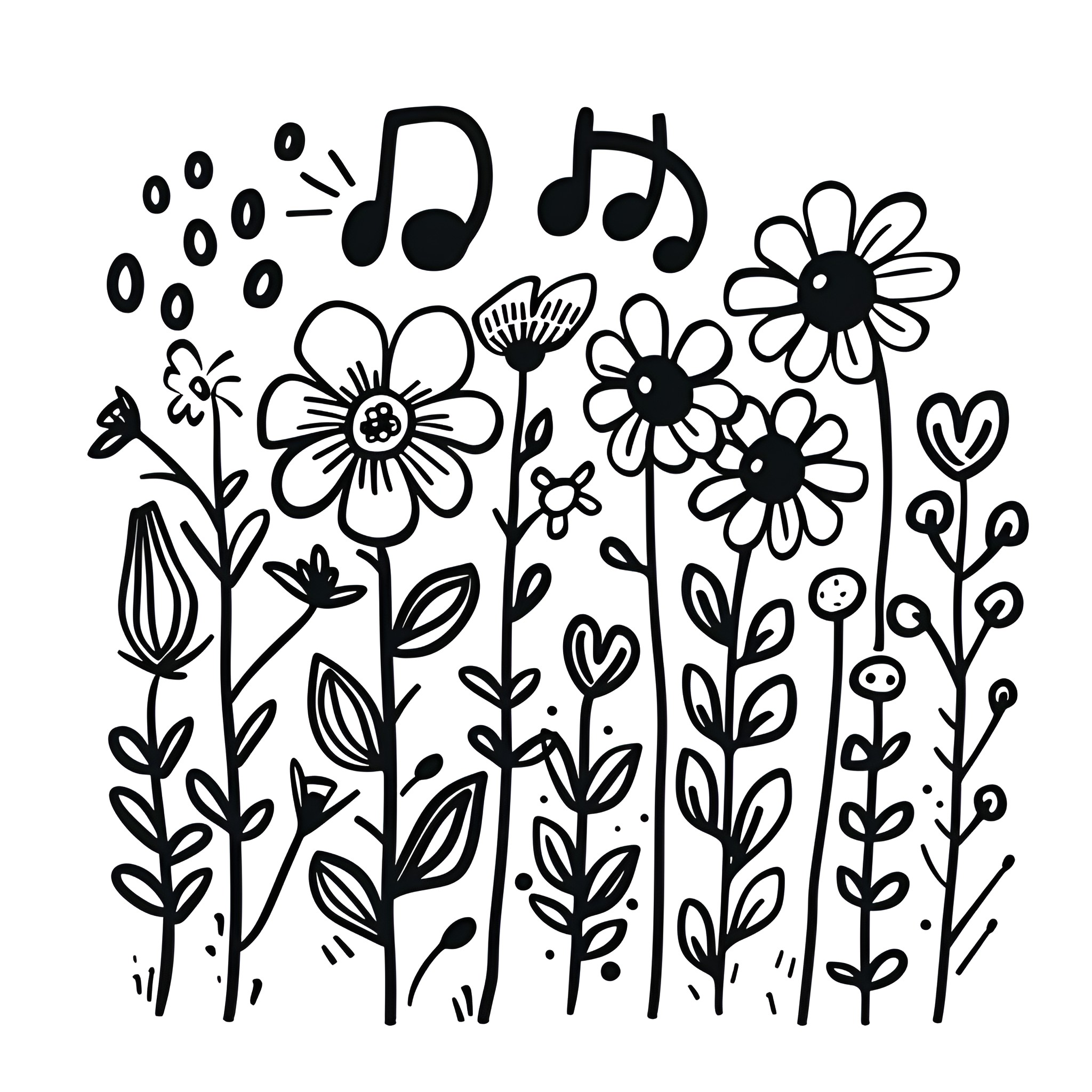 Flowers blooming with musical notes Drawing Idea (free black-and-white line drawing printable PDF for all, from beginners to advanced learners, including children, teens, adults, and seniors)