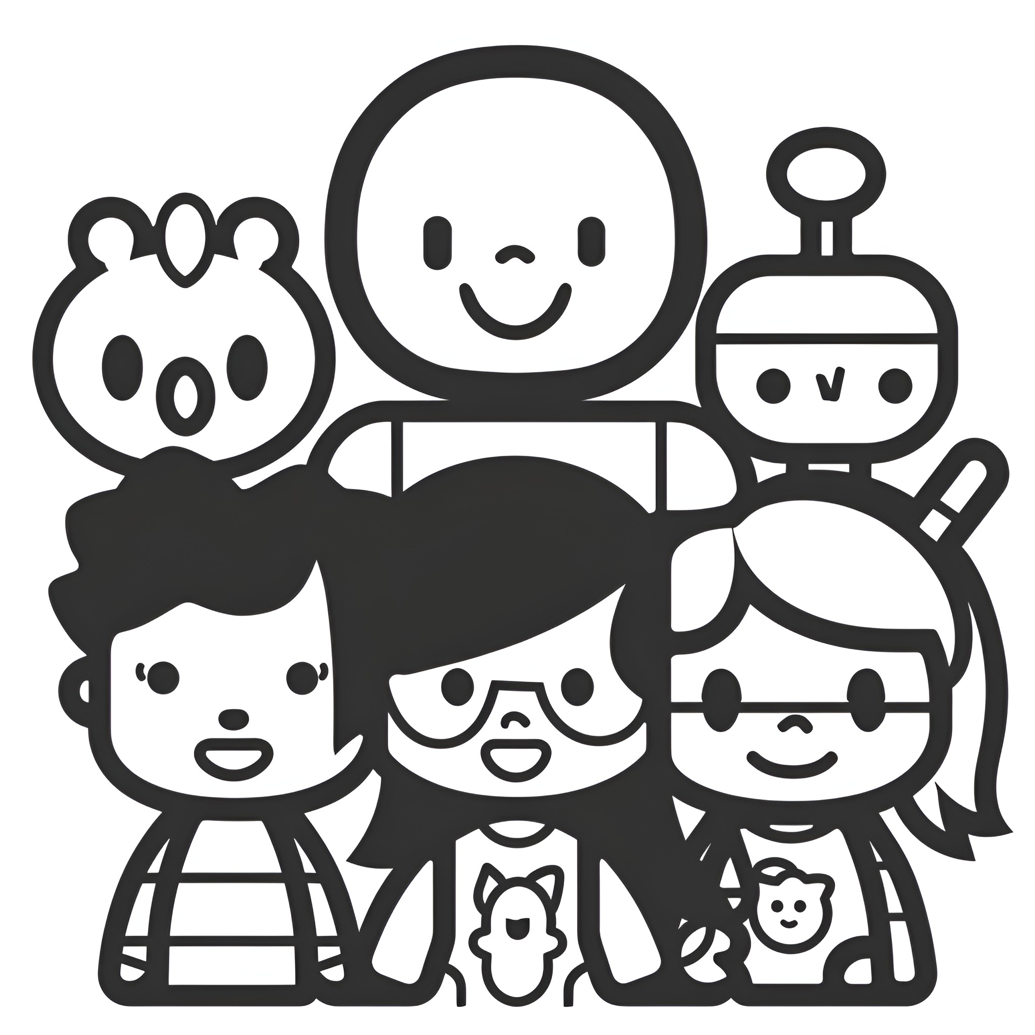 Cartoon characters in simple outfits Drawing Idea (free black-and-white line drawing printable PDF for all, from beginners to advanced learners, including children, teens, adults, and seniors)