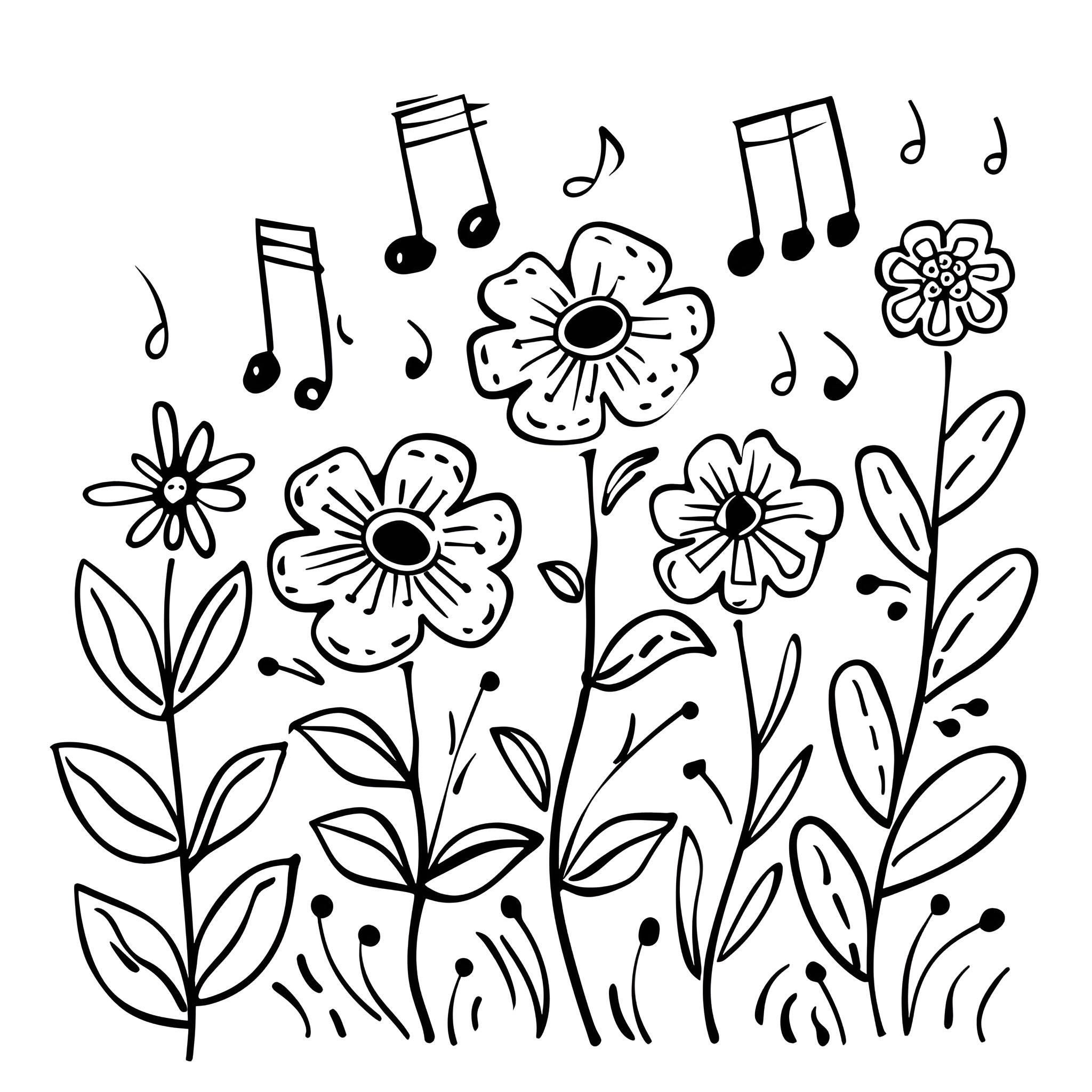 Flowers dancing with musical notes Drawing Idea (free black-and-white line drawing printable PDF for all, from beginners to advanced learners, including children, teens, adults, and seniors)