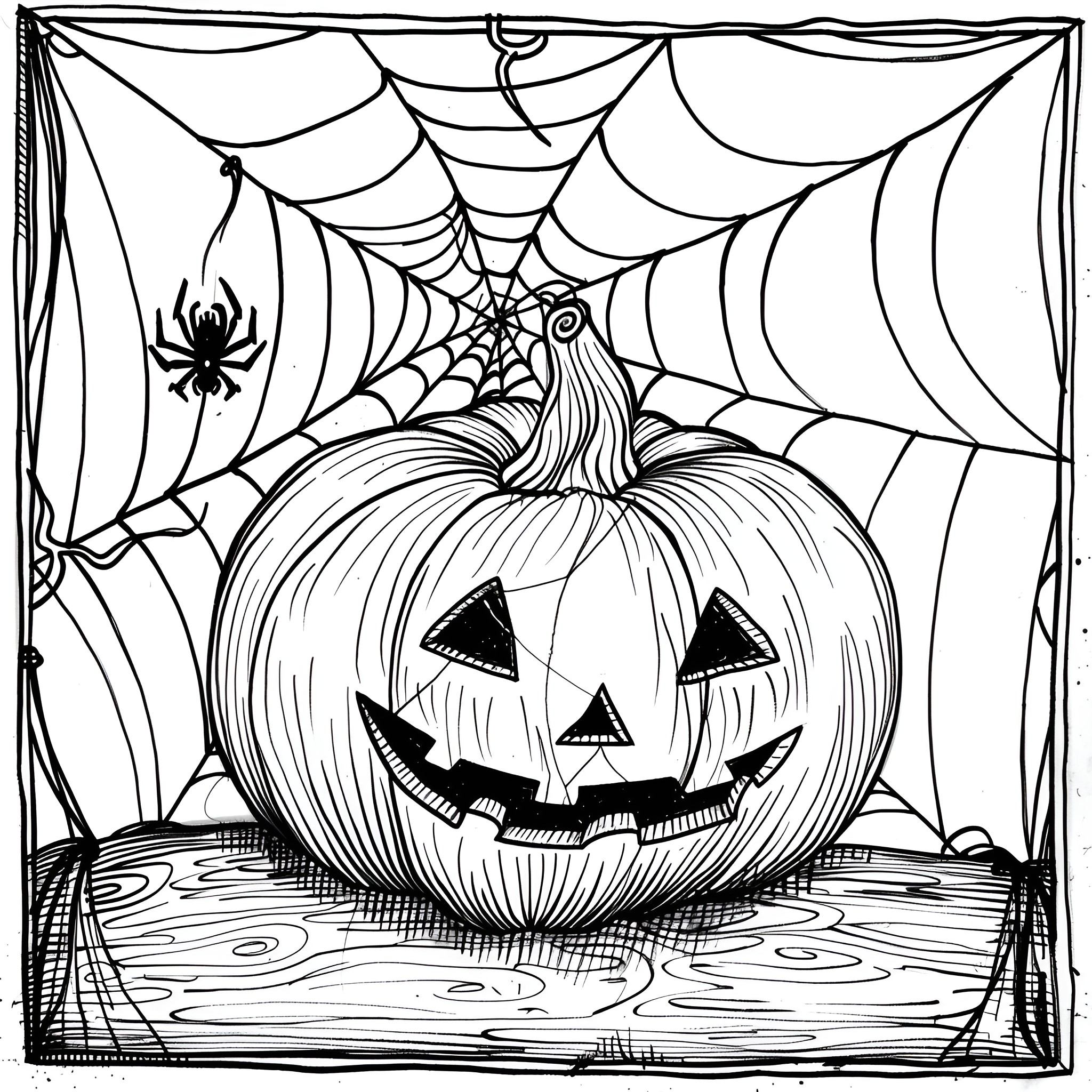 Pumpkin Carved Jack-o'-lantern in Spiderweb Drawing Idea (free black-and-white line drawing printable PDF for all, from beginners to advanced learners, including children, teens, adults, and seniors)