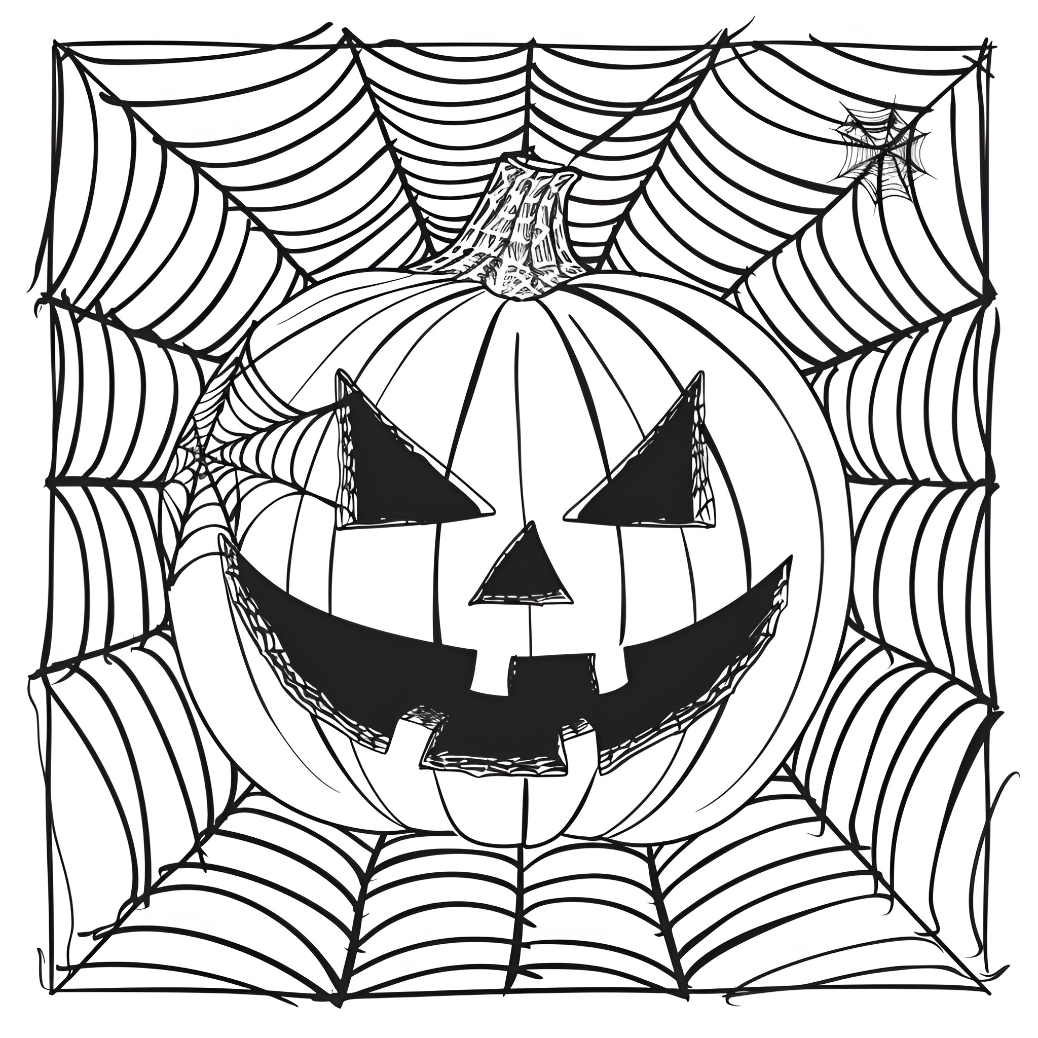 Pumpkin in a spiderweb scene Drawing Idea (free black-and-white line drawing printable PDF for all, from beginners to advanced learners, including children, teens, adults, and seniors)