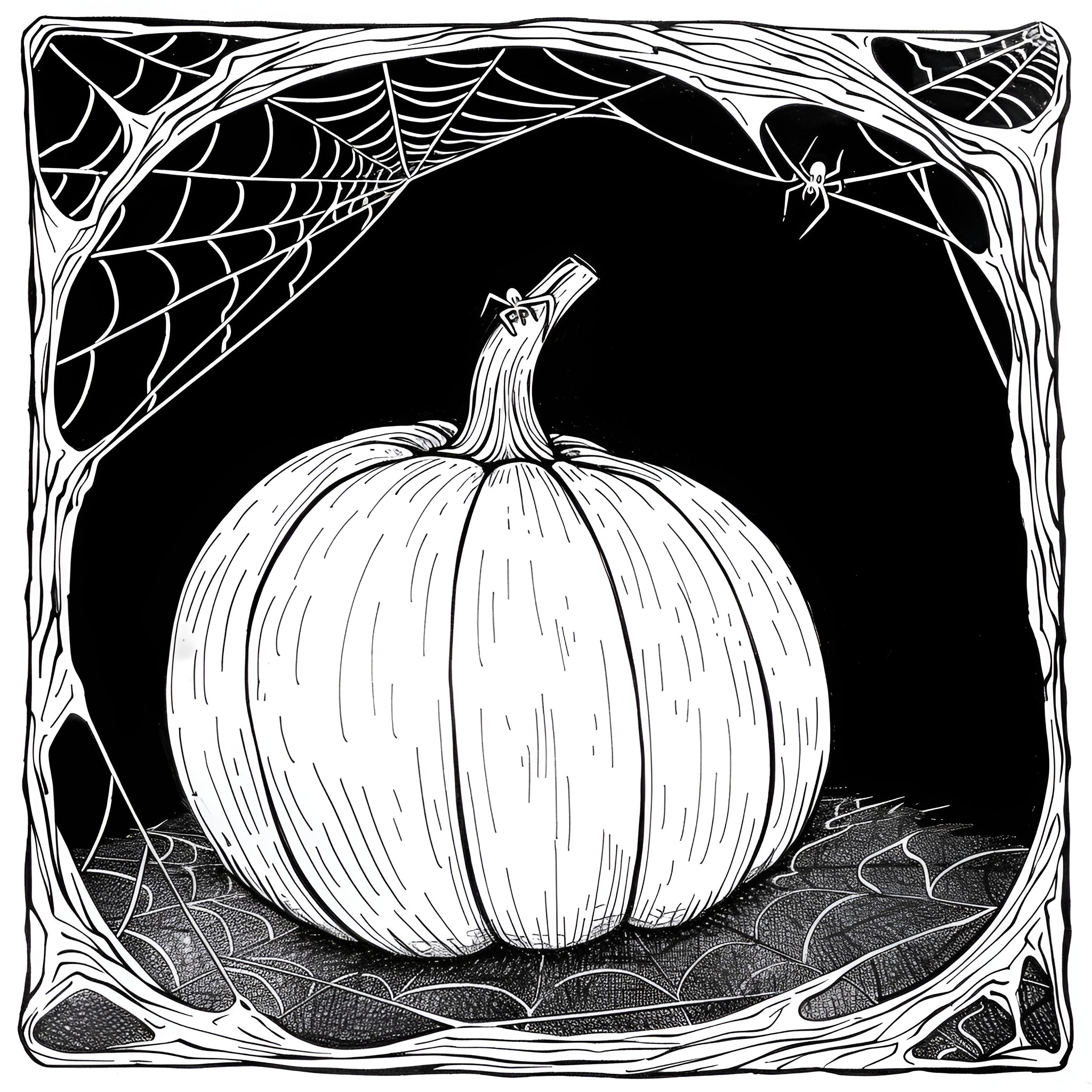 Pumpkin in a spooky setting Drawing Idea (free black-and-white line drawing printable PDF for all, from beginners to advanced learners, including children, teens, adults, and seniors)