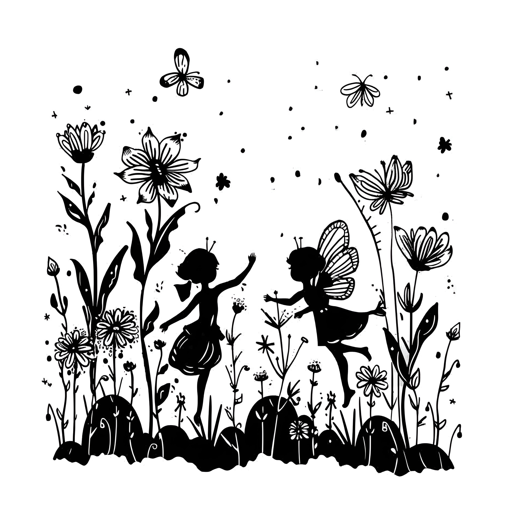 Flowers and fairy silhouettes in the garden Drawing Idea (free black-and-white line drawing printable PDF for all, from beginners to advanced learners, including children, teens, adults, and seniors)