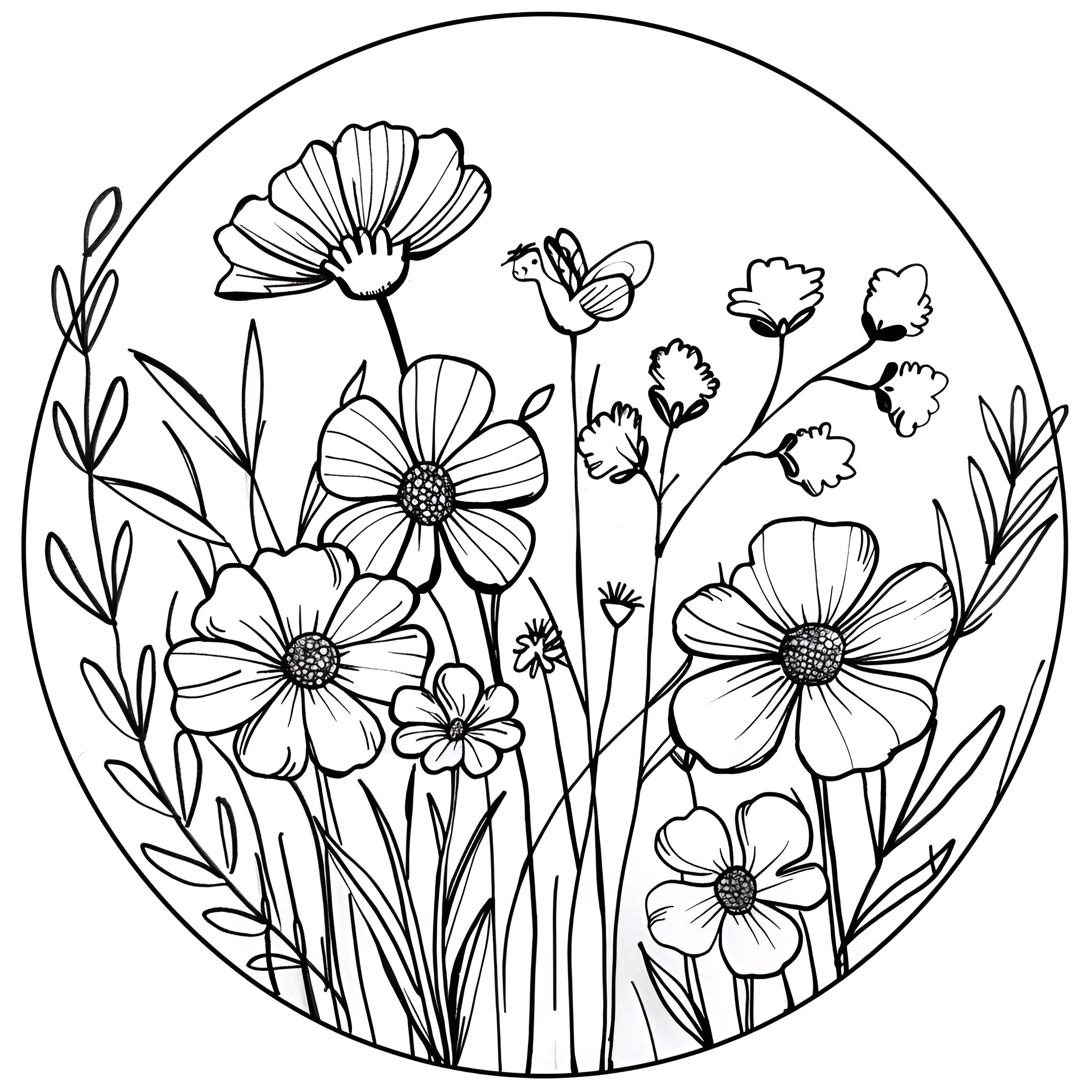 Flowers blooming in the garden Drawing Idea (free black-and-white line drawing printable PDF for all, from beginners to advanced learners, including children, teens, adults, and seniors)