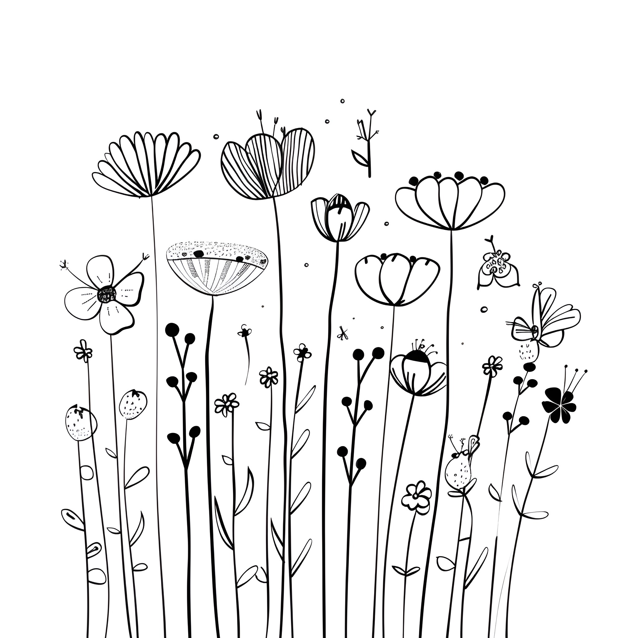 Flowers blossoming in whimsical garden Drawing Idea (free black-and-white line drawing printable PDF for all, from beginners to advanced learners, including children, teens, adults, and seniors)