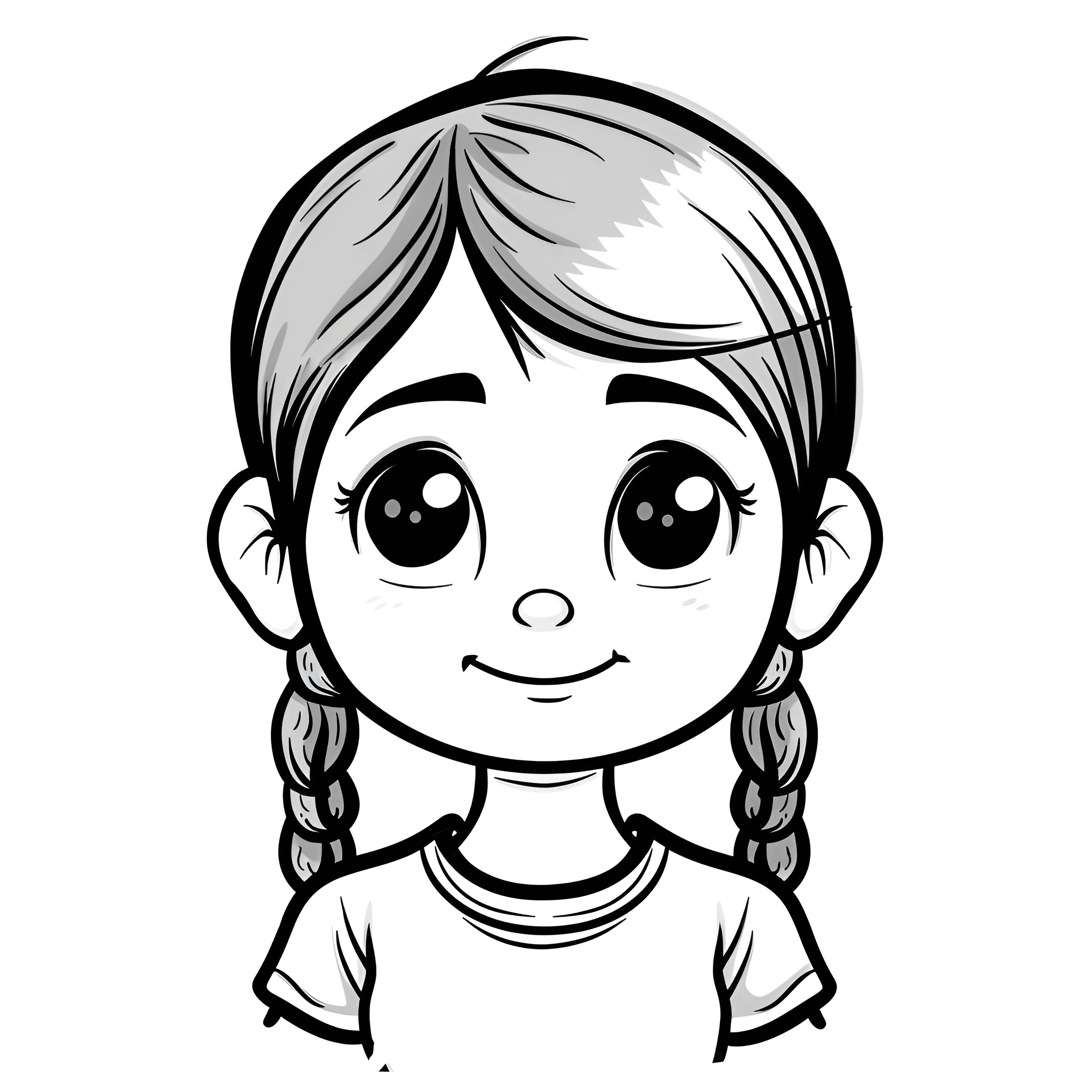 Cartoon girl with braids and cheerful expression Drawing Idea (free black-and-white line drawing printable PDF for all, from beginners to advanced learners, including children, teens, adults, and seniors)