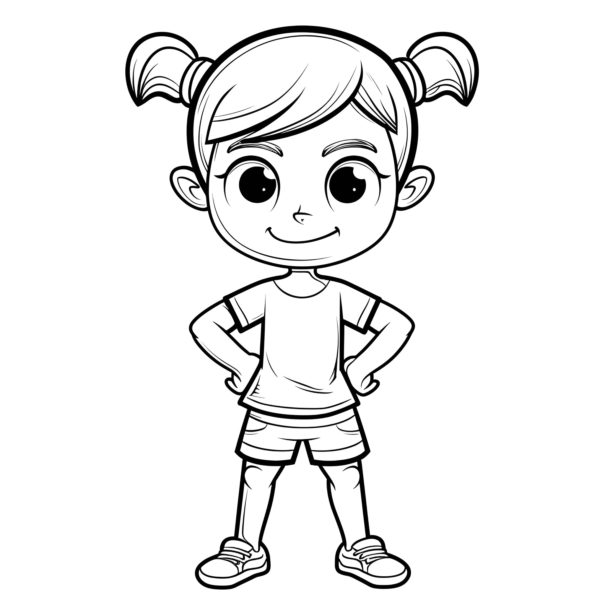Cartoon girl with pigtails and cheerful expression Drawing Idea (free black-and-white line drawing printable PDF for all, from beginners to advanced learners, including children, teens, adults, and seniors)