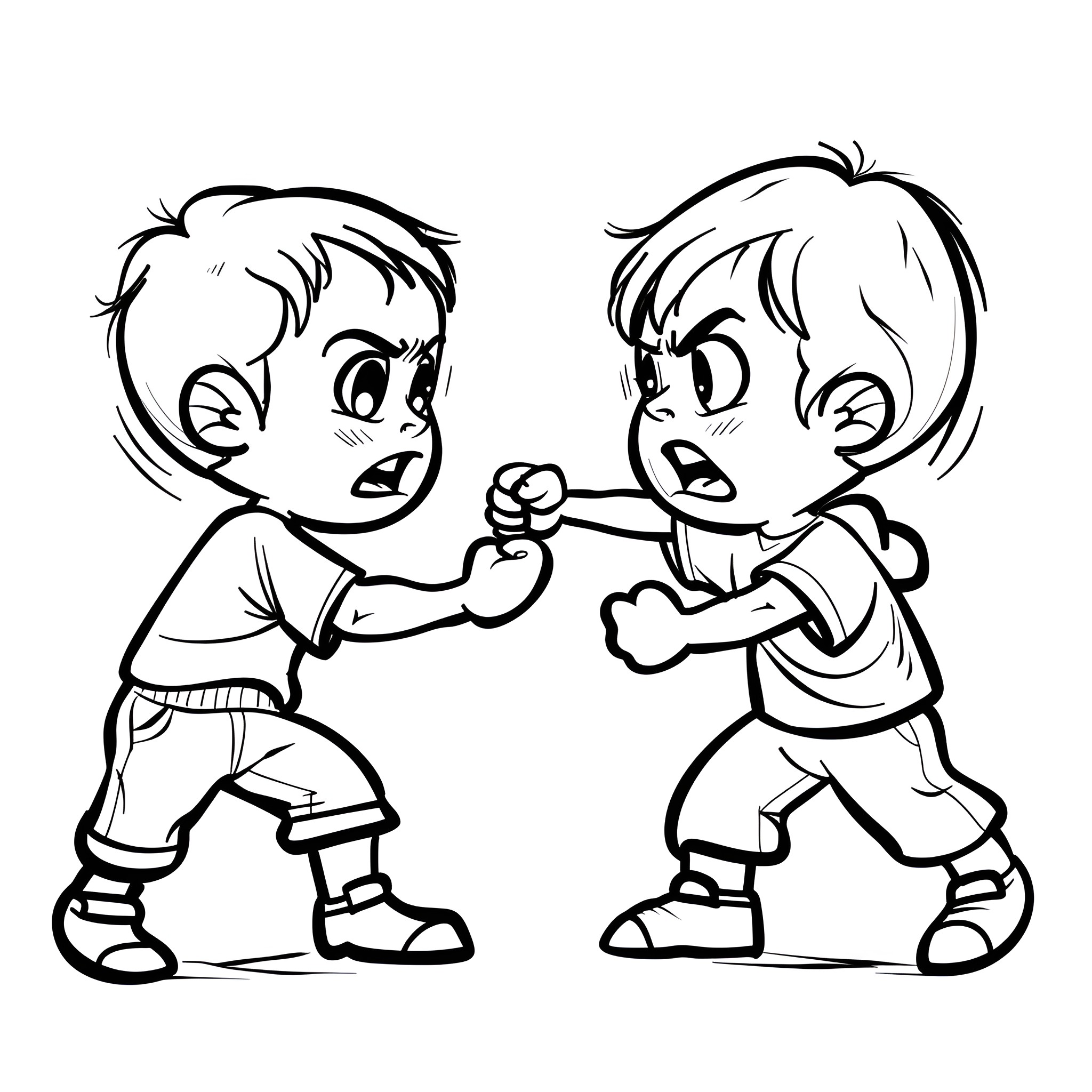 Cartoon Boys Fighting Aggressively Drawing Idea (free black-and-white line drawing printable PDF for all, from beginners to advanced learners, including children, teens, adults, and seniors)