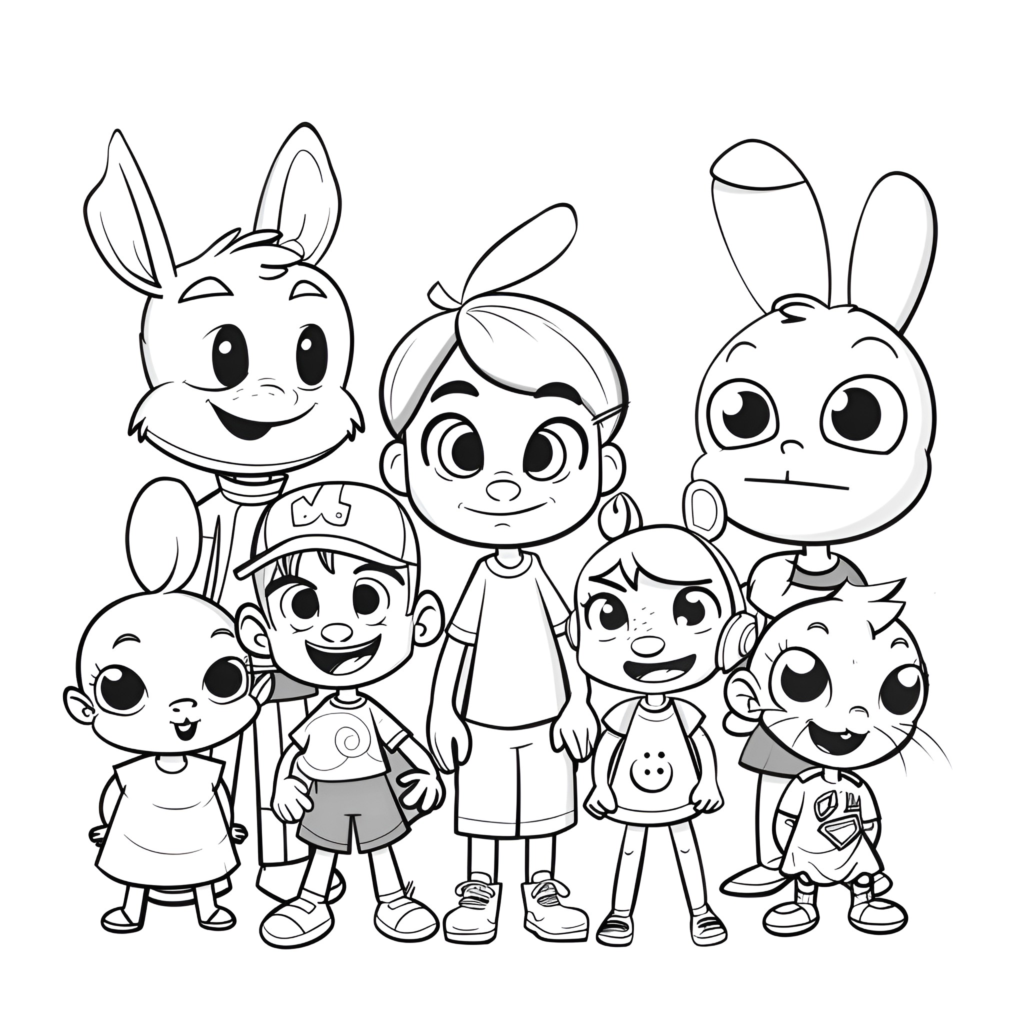 Cartoon characters in fun poses Drawing Idea (free black-and-white line drawing printable PDF for all, from beginners to advanced learners, including children, teens, adults, and seniors)