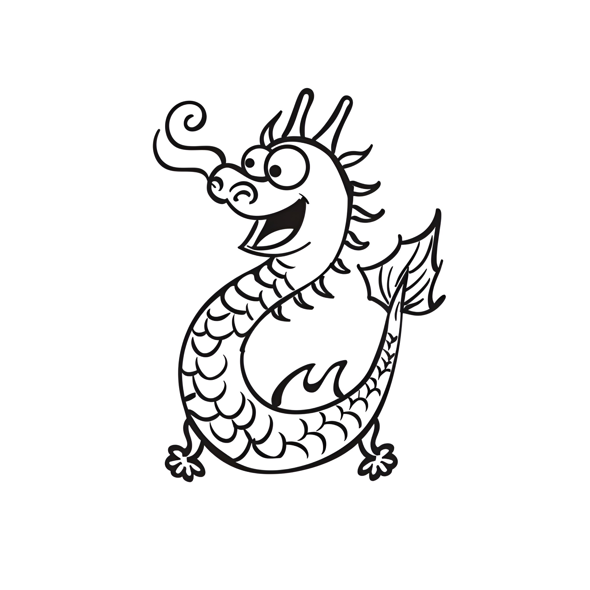 Dragon with whimsical expression Drawing Idea (free black-and-white line drawing printable PDF for all, from beginners to advanced learners, including children, teens, adults, and seniors)