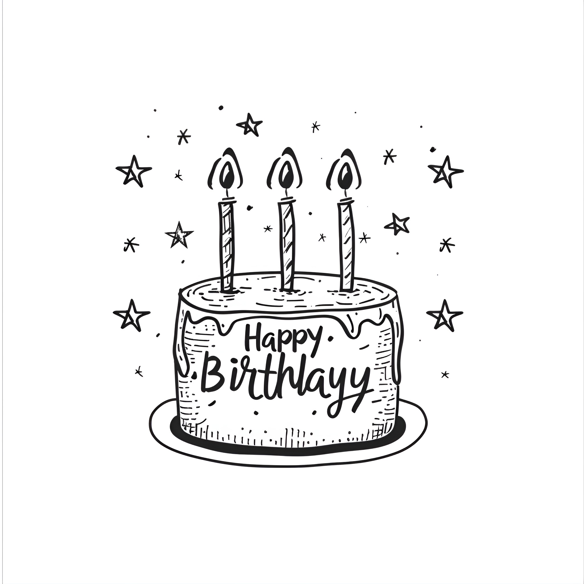 Happy Birthday cake with candles and stars Drawing Idea (free black-and-white line drawing printable PDF for all, from beginners to advanced learners, including children, teens, adults, and seniors)
