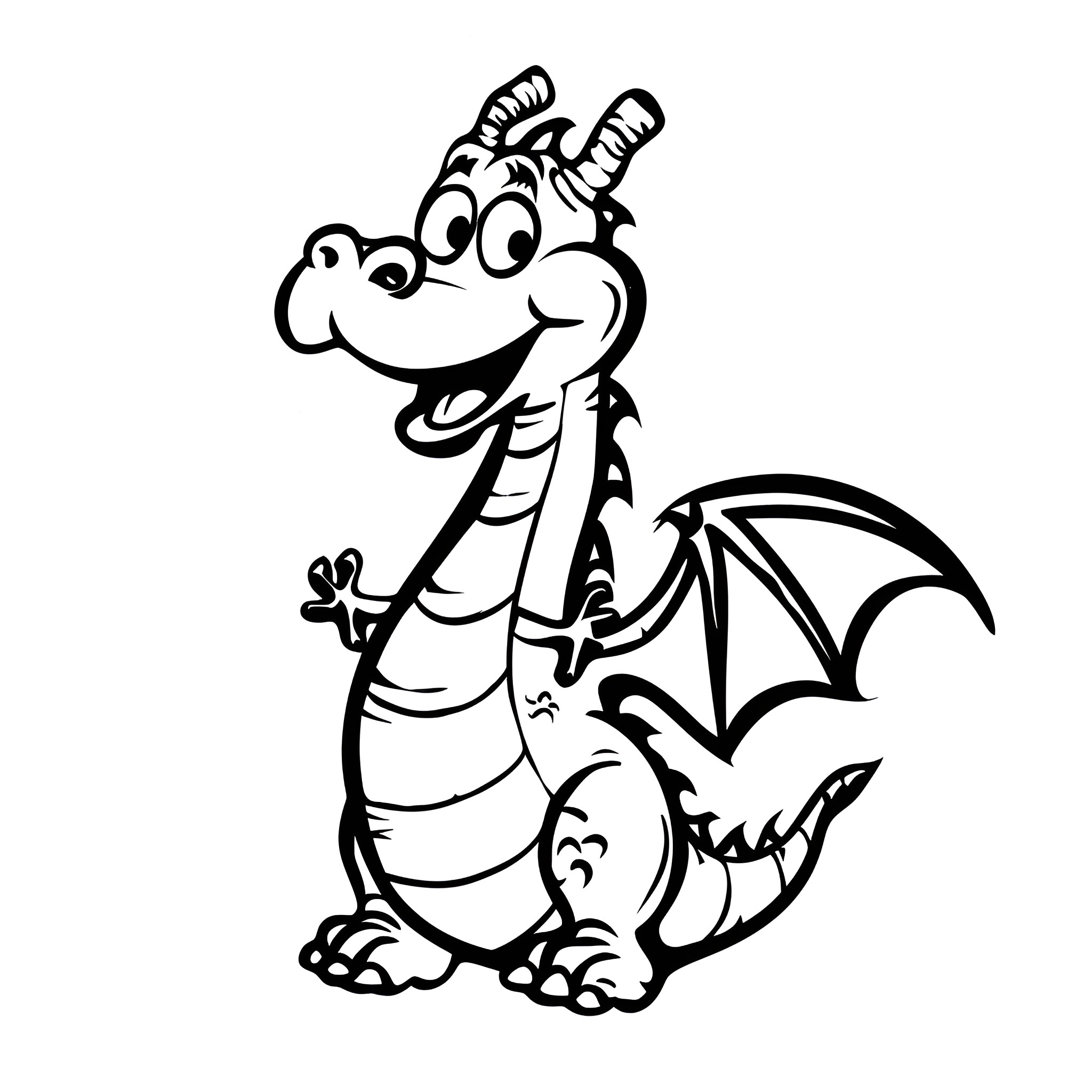 Dragon waving and smiling happily Drawing Idea (free black-and-white line drawing printable PDF for all, from beginners to advanced learners, including children, teens, adults, and seniors)