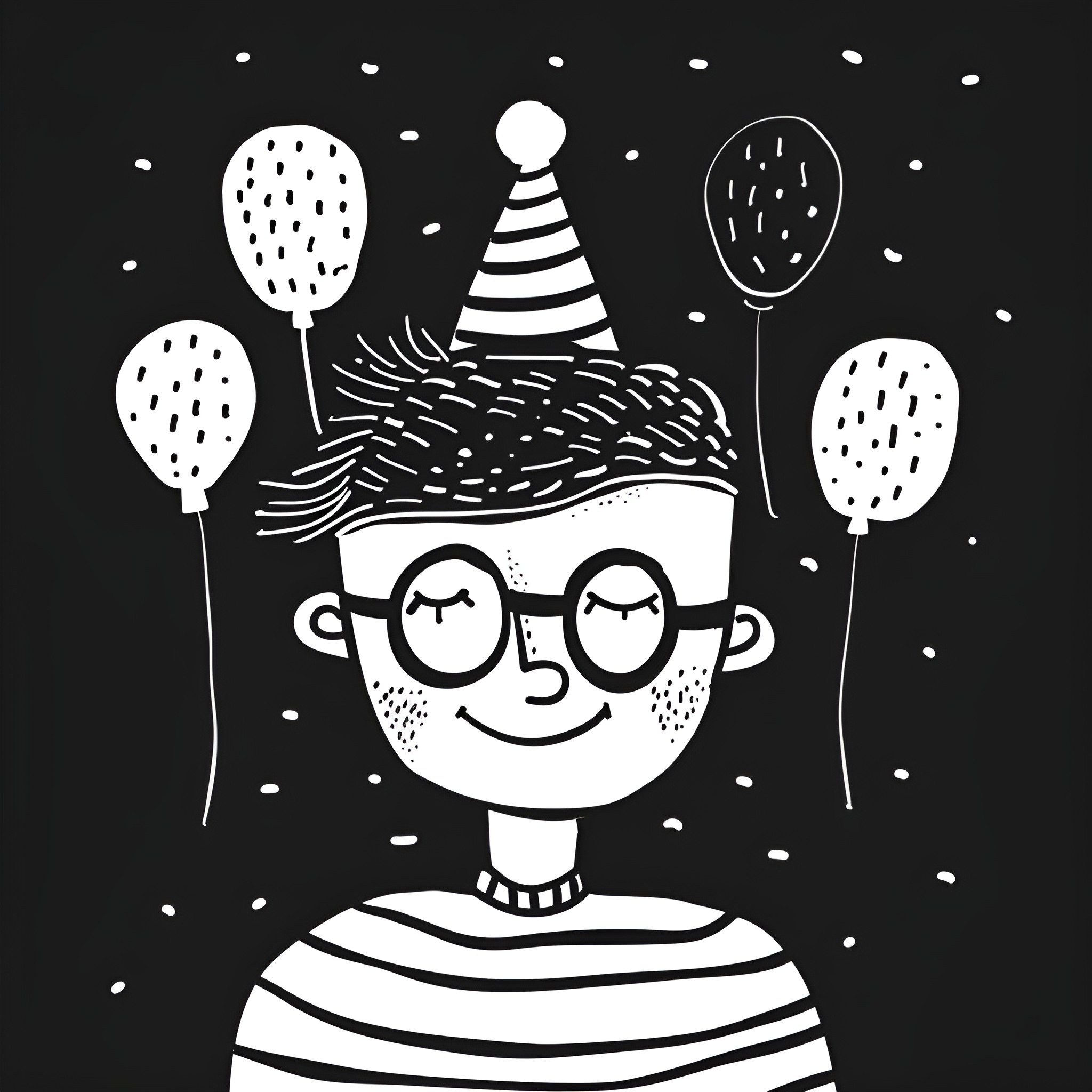 Happy Birthday party hat and balloons Drawing Idea (free black-and-white line drawing printable PDF for all, from beginners to advanced learners, including children, teens, adults, and seniors)