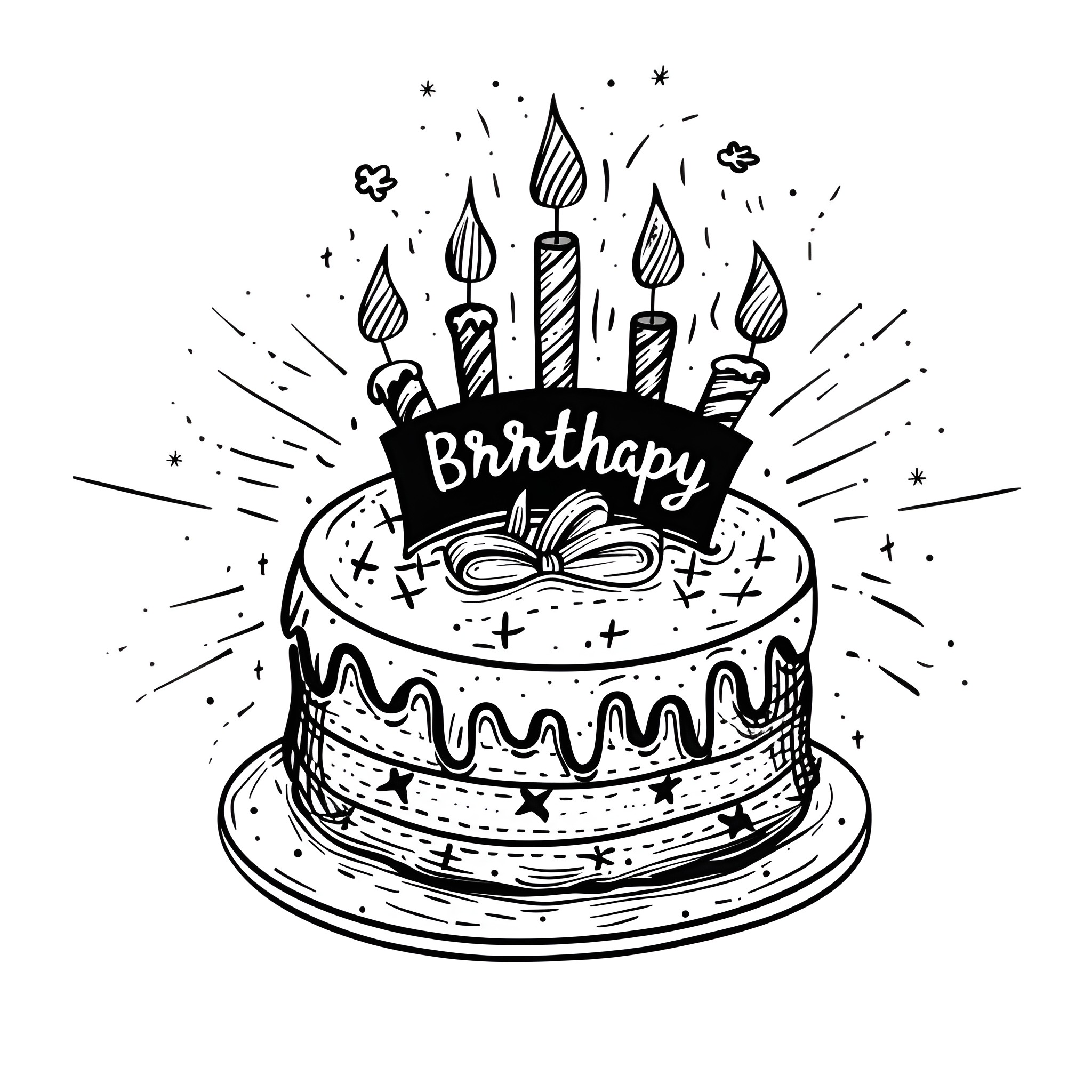 Happy Birthday Cake with Candles and Decorations Drawing Idea (free black-and-white line drawing printable PDF for all, from beginners to advanced learners, including children, teens, adults, and seniors)