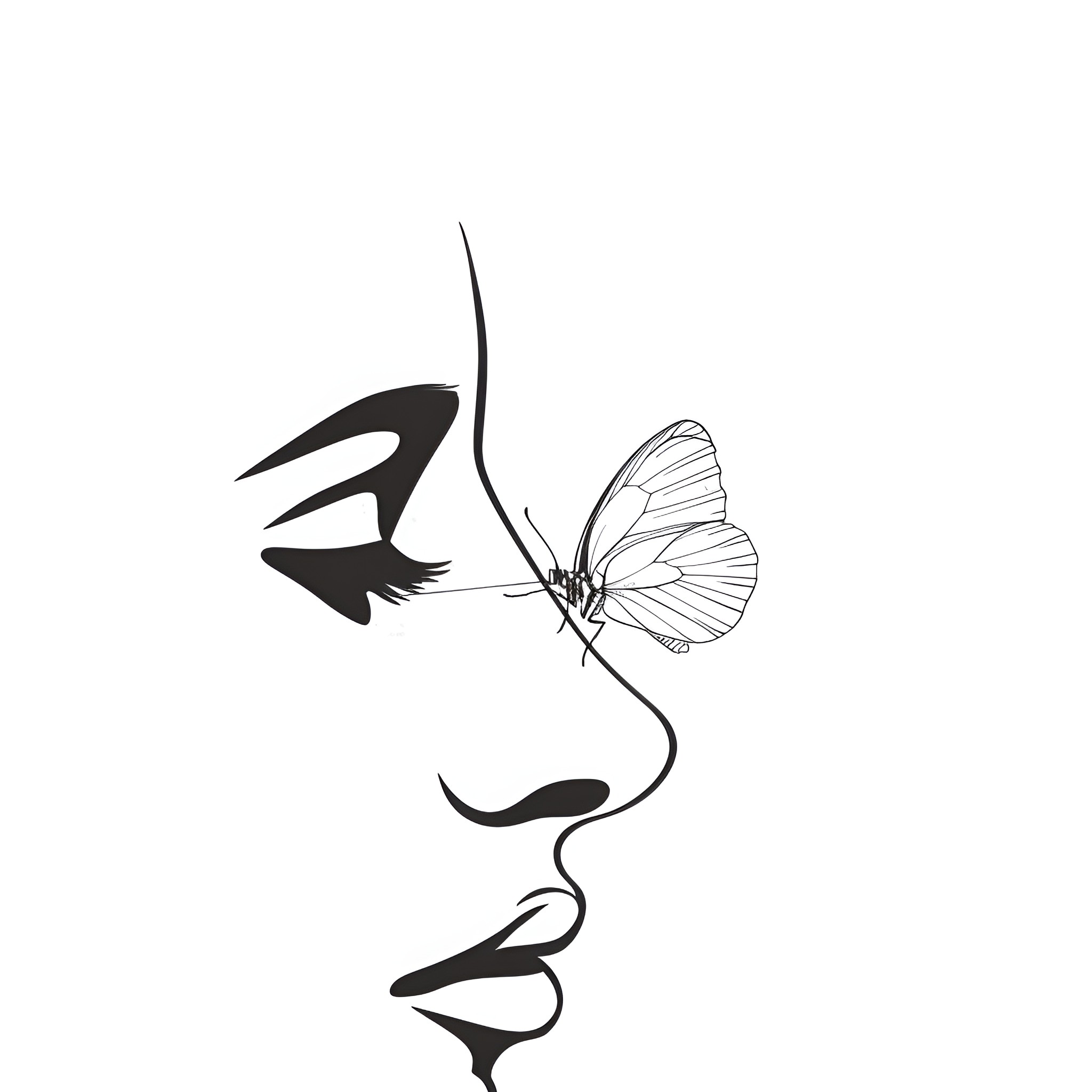 Butterfly in flight on face Drawing Idea (free black-and-white line drawing printable PDF for all, from beginners to advanced learners, including children, teens, adults, and seniors)