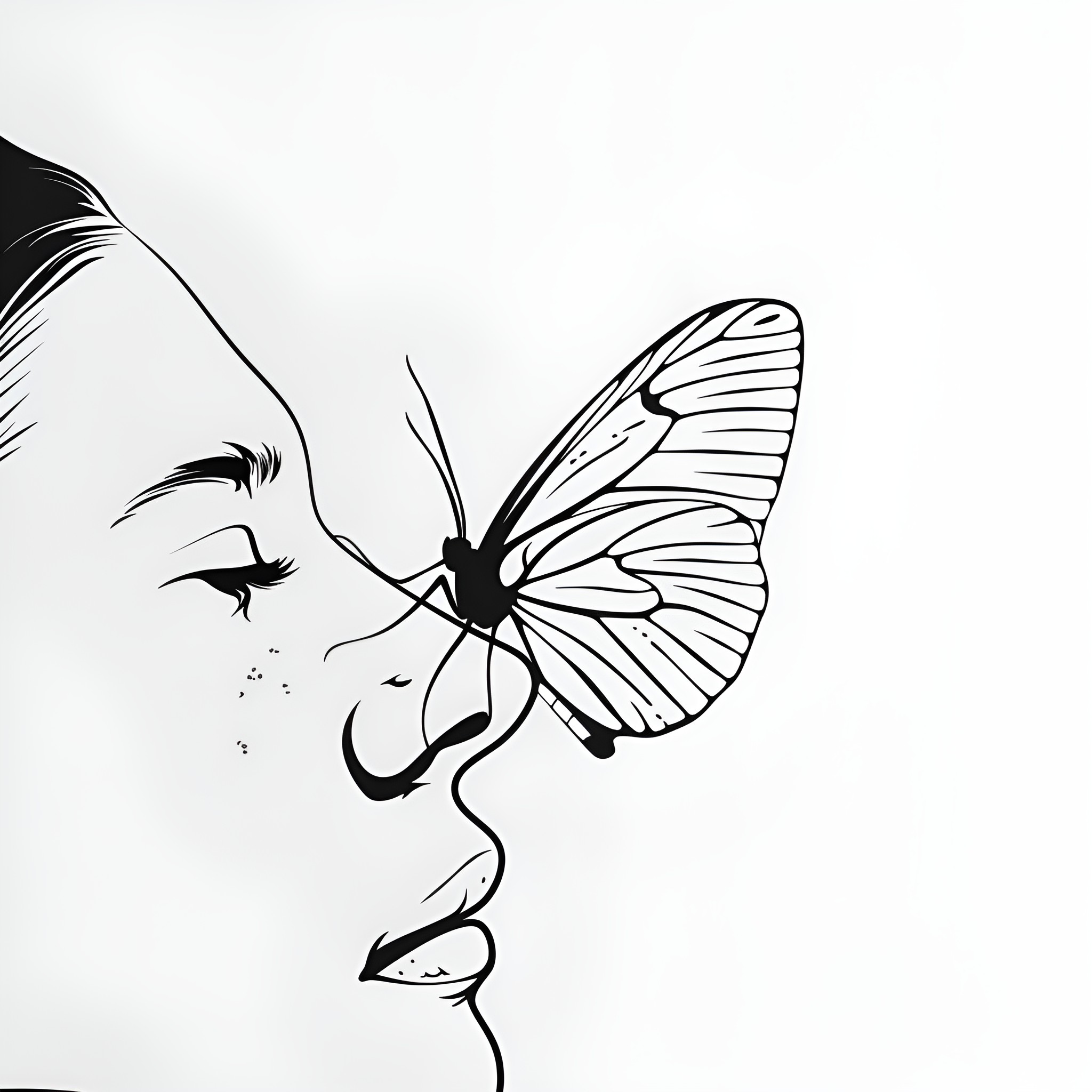 Butterfly kissing woman's face Drawing Idea (free black-and-white line drawing printable PDF for all, from beginners to advanced learners, including children, teens, adults, and seniors)
