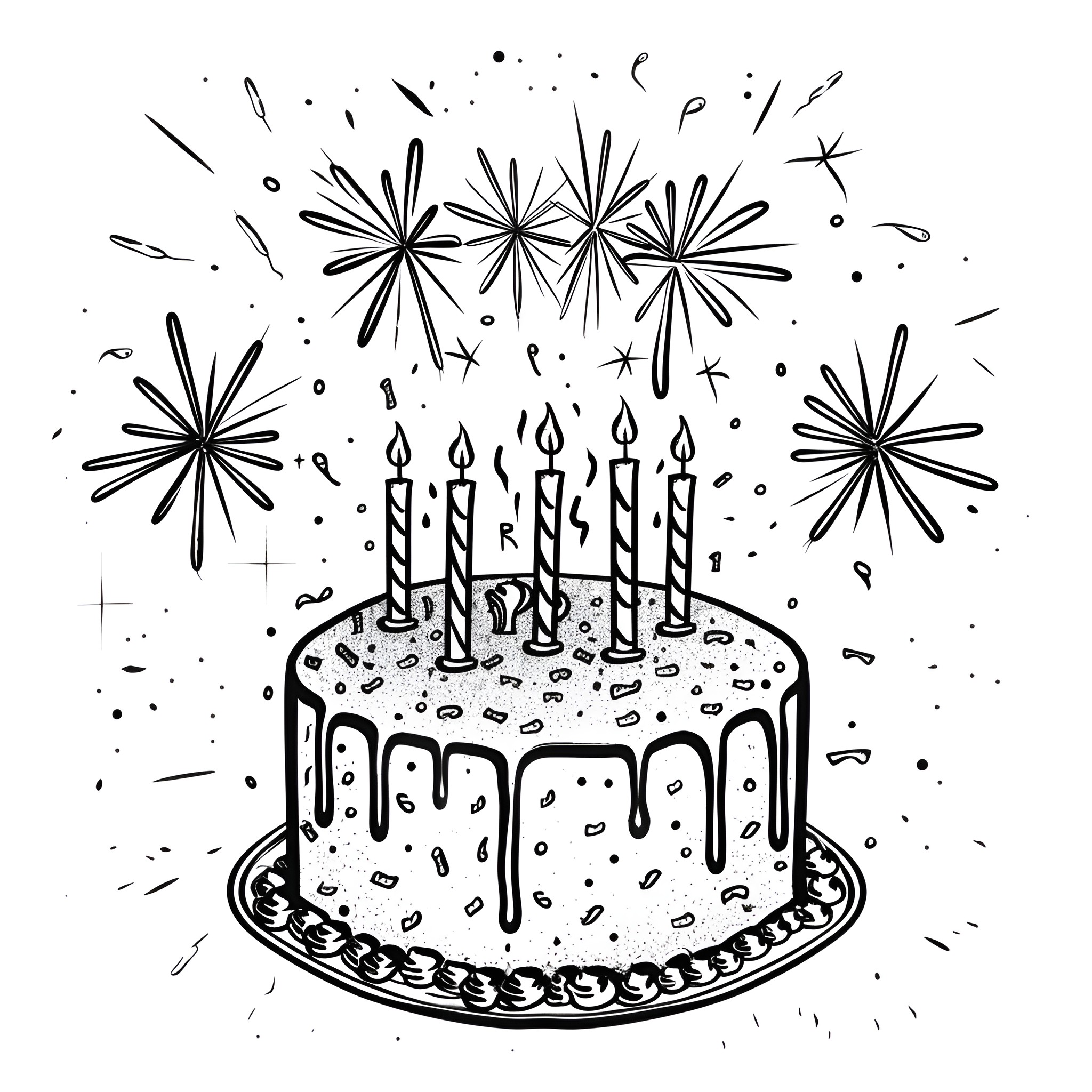 Happy Birthday Celebration with Candles and Fireworks Drawing Idea (free black-and-white line drawing printable PDF for all, from beginners to advanced learners, including children, teens, adults, and seniors)