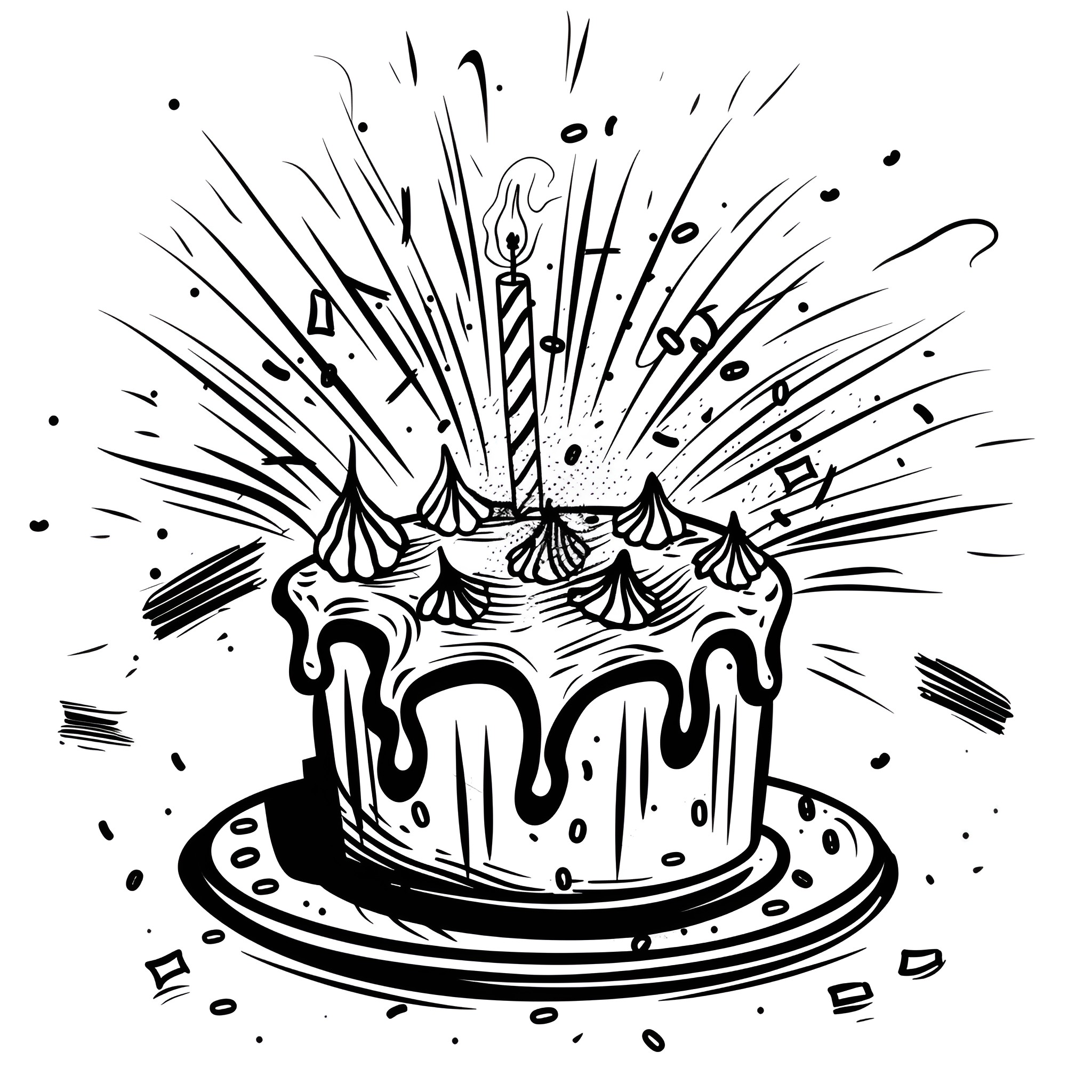 Happy Birthday celebratory cake with sparklers Drawing Idea (free black-and-white line drawing printable PDF for all, from beginners to advanced learners, including children, teens, adults, and seniors)