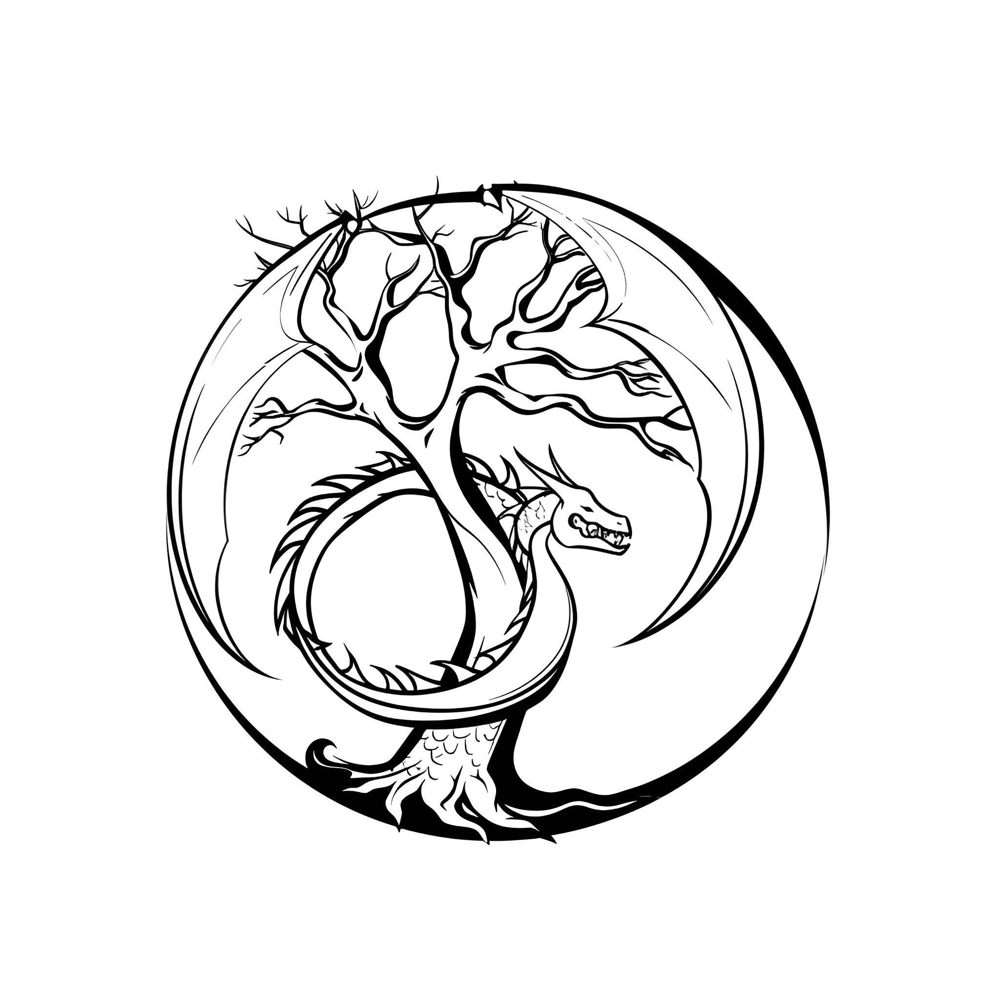 Dragon coiled protectively around tree Drawing Idea (free black-and-white line drawing printable PDF for all, from beginners to advanced learners, including children, teens, adults, and seniors)