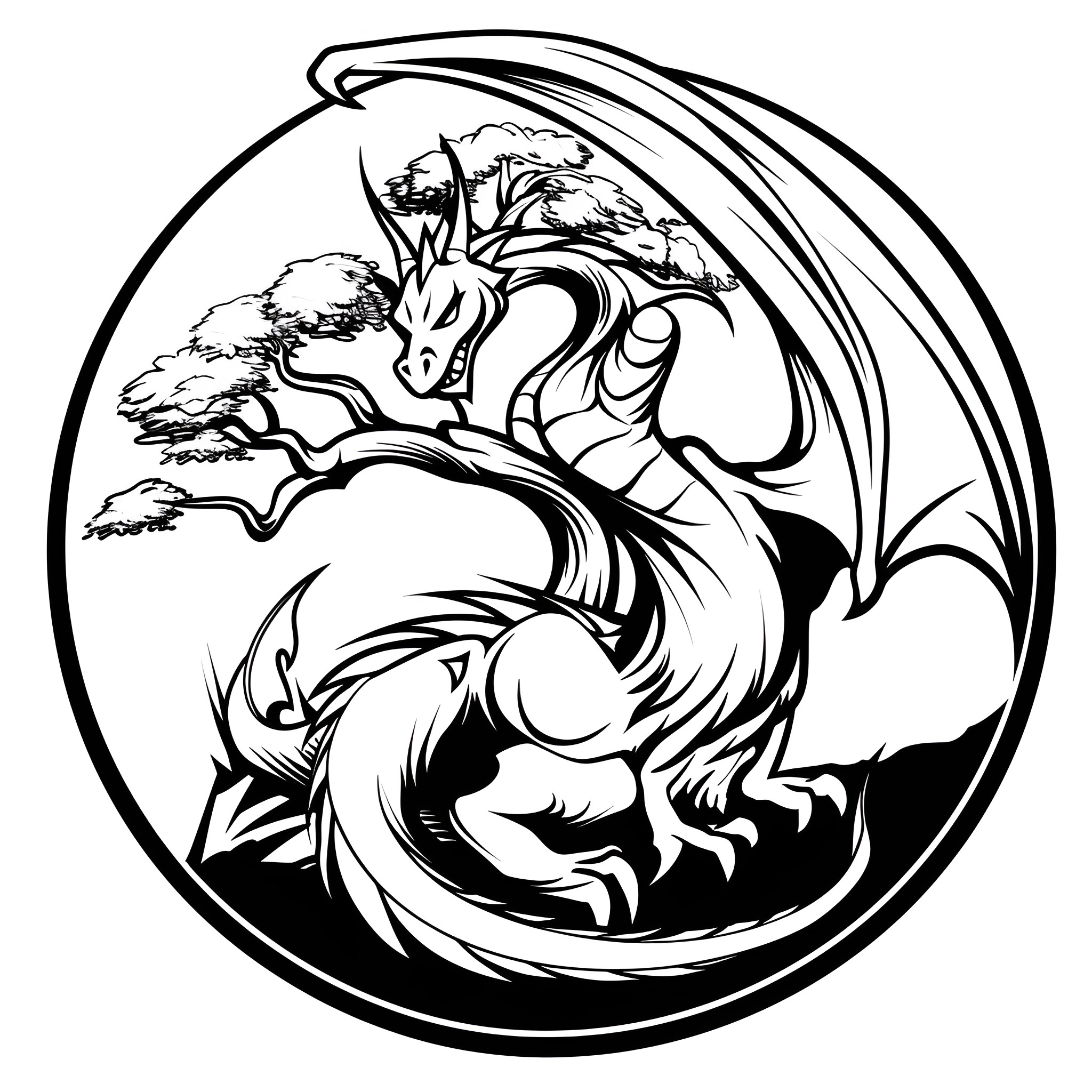Dragon soaring over mountainous landscape Drawing Idea (free black-and-white line drawing printable PDF for all, from beginners to advanced learners, including children, teens, adults, and seniors)