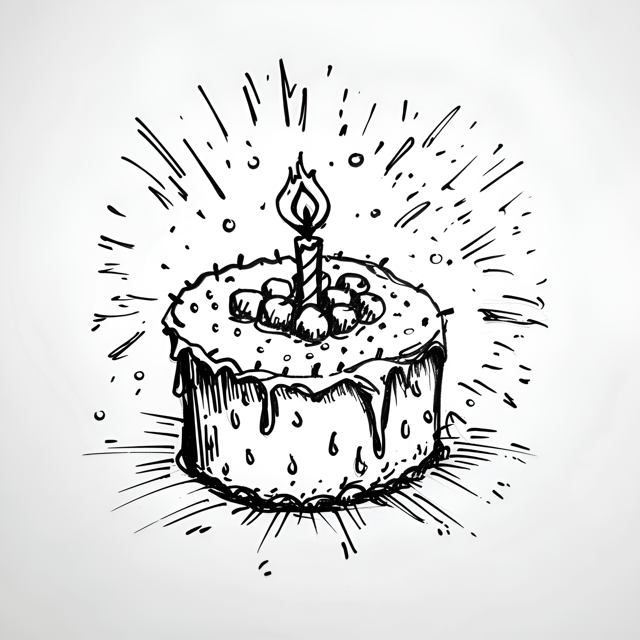 Happy Birthday Festive Cake with Candle Drawing Idea (free black-and-white line drawing printable PDF for all, from beginners to advanced learners, including children, teens, adults, and seniors)