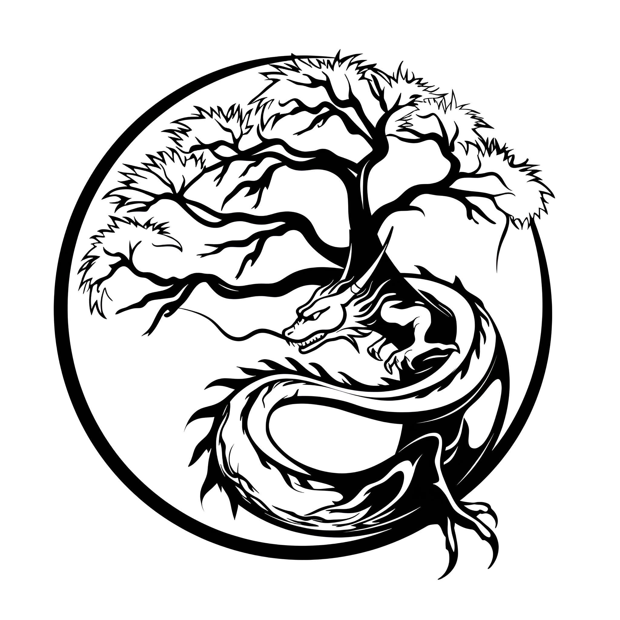Dragon coiled under twisted tree Drawing Idea (free black-and-white line drawing printable PDF for all, from beginners to advanced learners, including children, teens, adults, and seniors)
