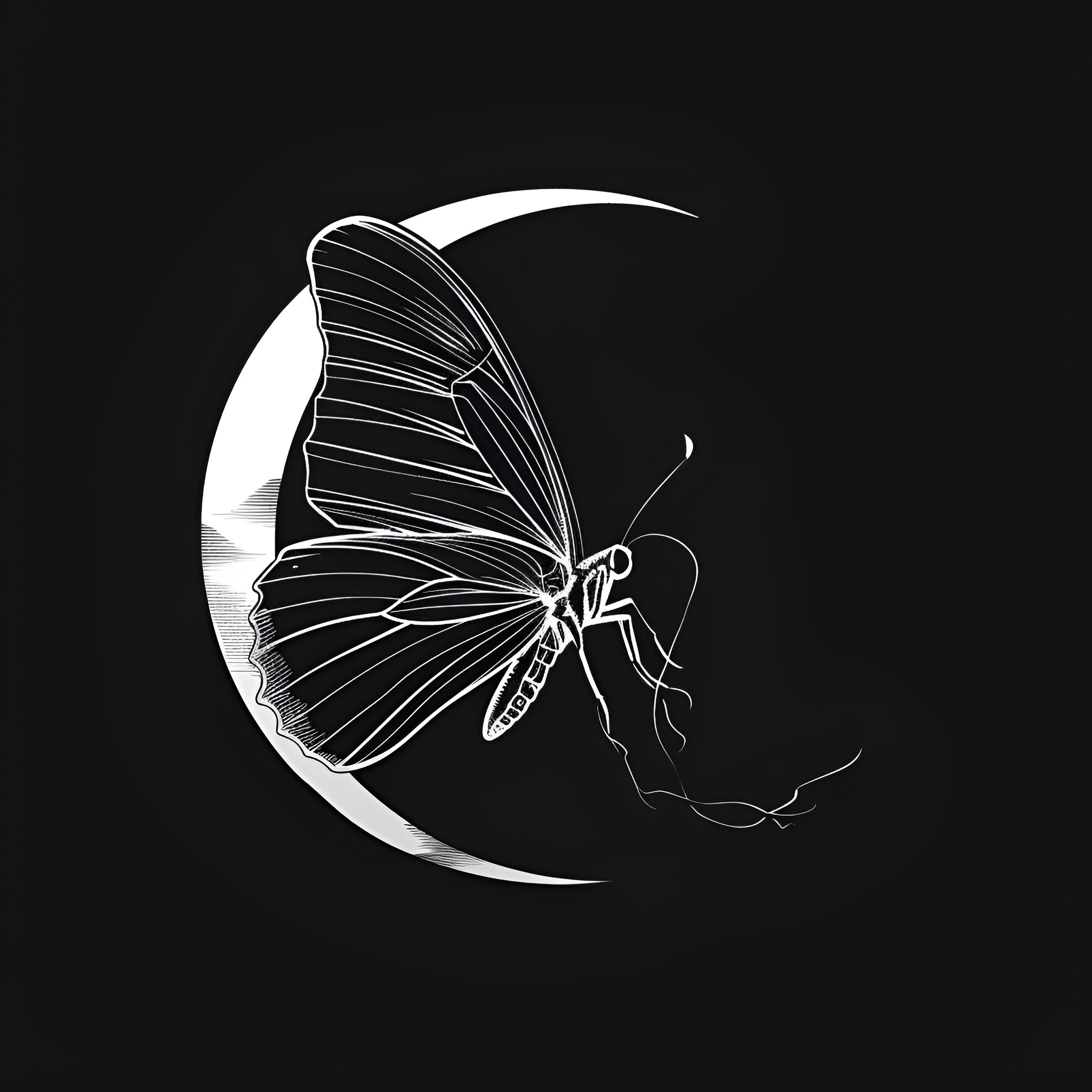 Butterfly in moonlight silhouette Drawing Idea (free black-and-white line drawing printable PDF for all, from beginners to advanced learners, including children, teens, adults, and seniors)