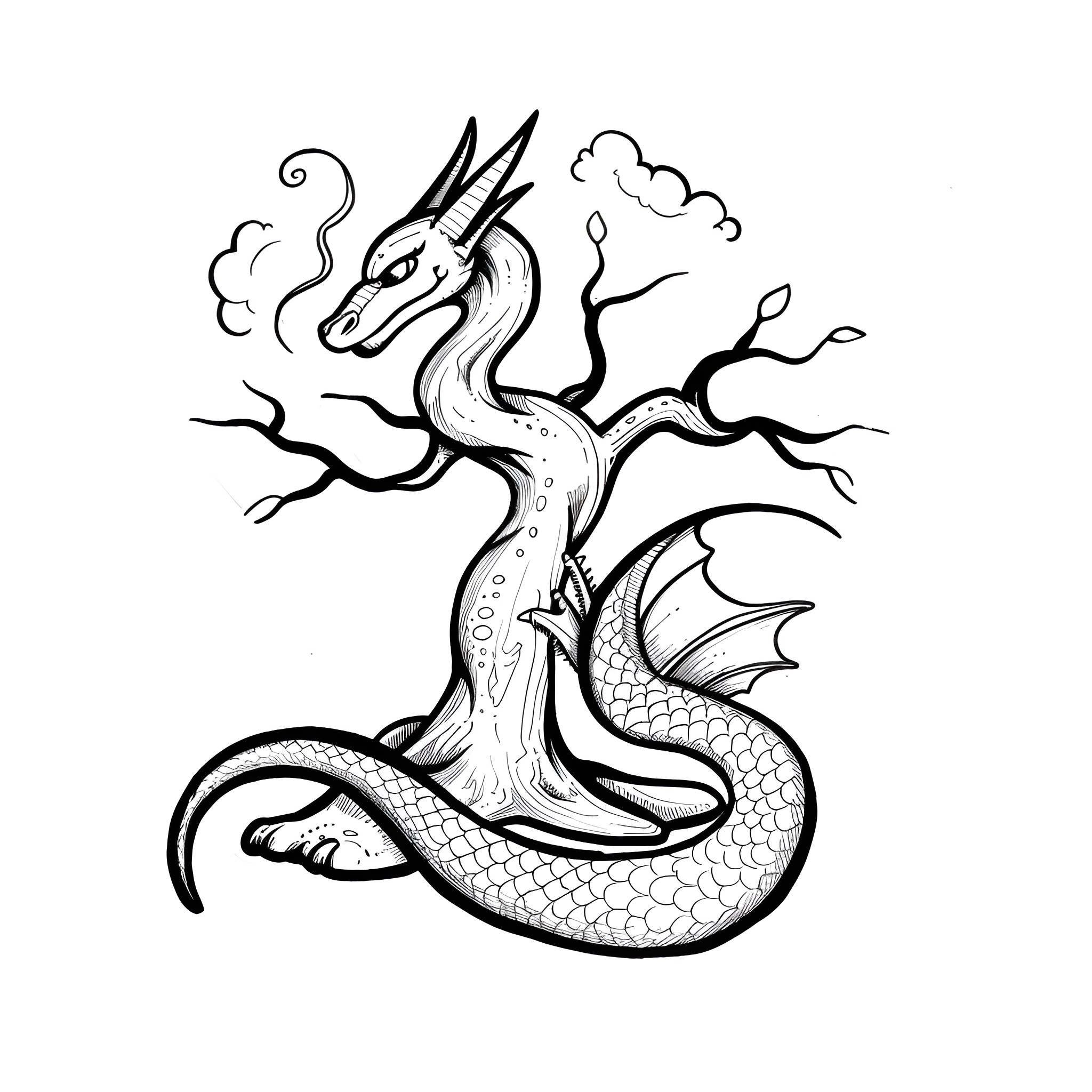 Dragon Emerging from Twisted Tree Drawing Idea (free black-and-white line drawing printable PDF for all, from beginners to advanced learners, including children, teens, adults, and seniors)