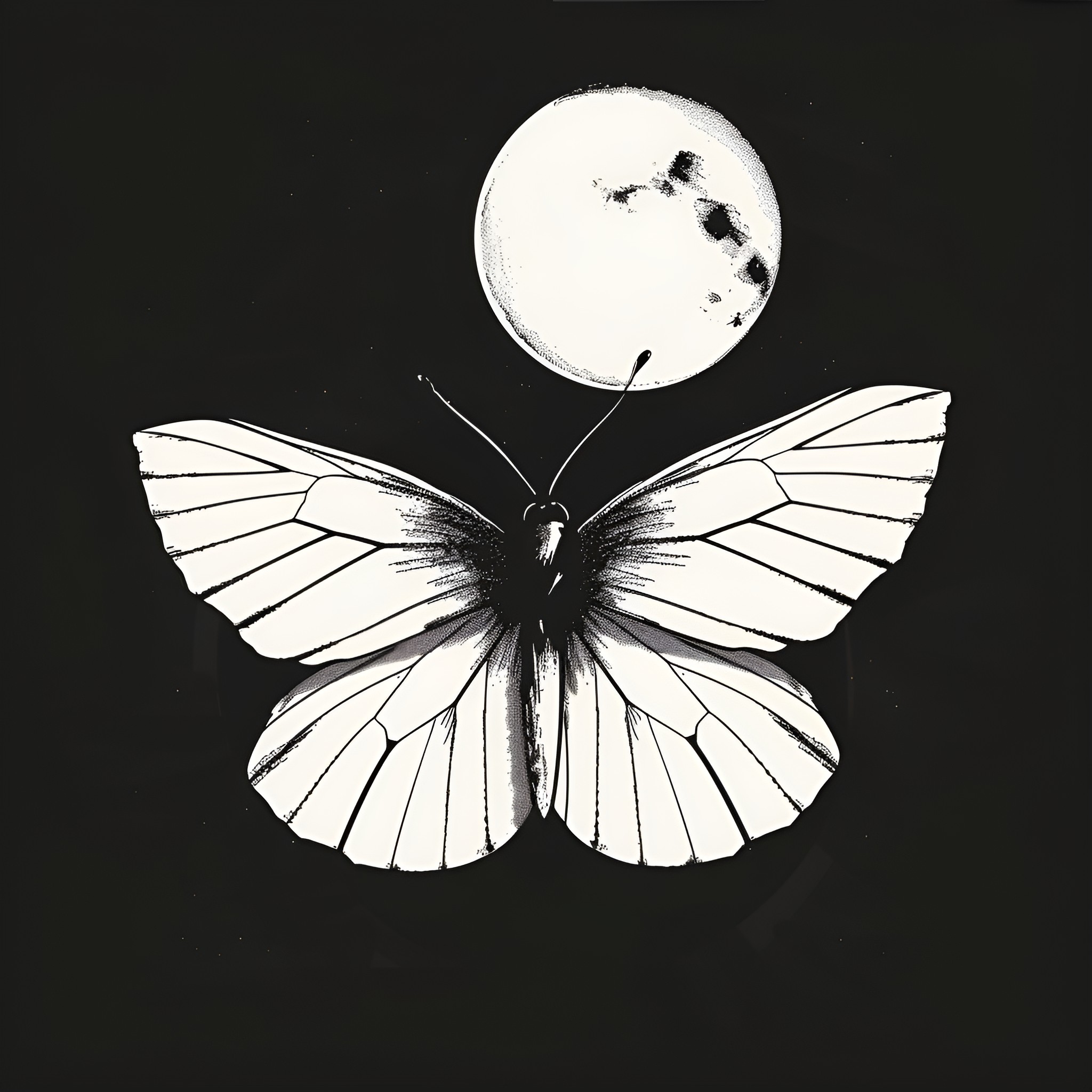 Butterfly silhouette under the moon Drawing Idea (free black-and-white line drawing printable PDF for all, from beginners to advanced learners, including children, teens, adults, and seniors)