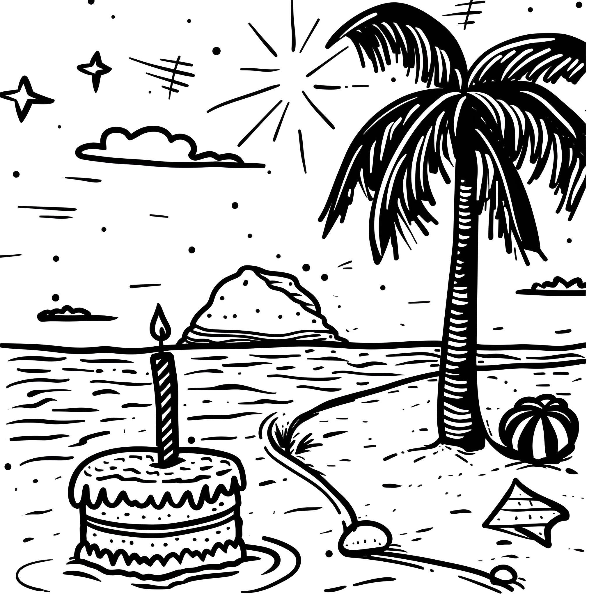 Happy Birthday tropical beach scene Drawing Idea (free black-and-white line drawing printable PDF for all, from beginners to advanced learners, including children, teens, adults, and seniors)