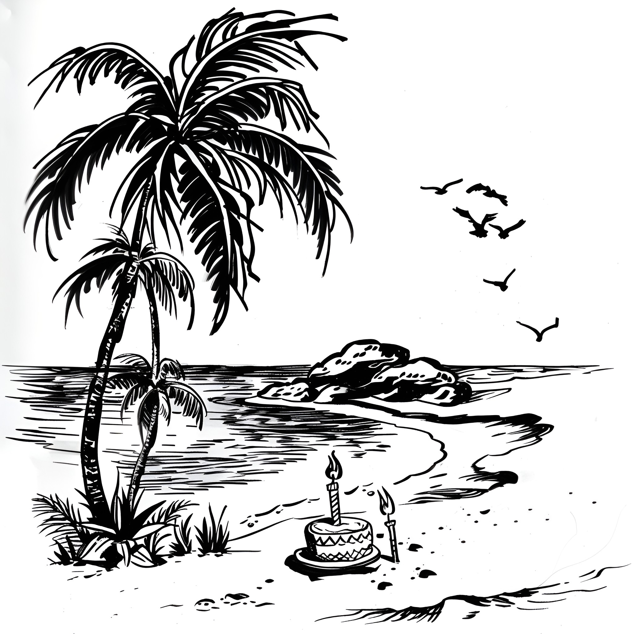 Happy Birthday tropical beach scene with palm trees Drawing Idea (free black-and-white line drawing printable PDF for all, from beginners to advanced learners, including children, teens, adults, and seniors)