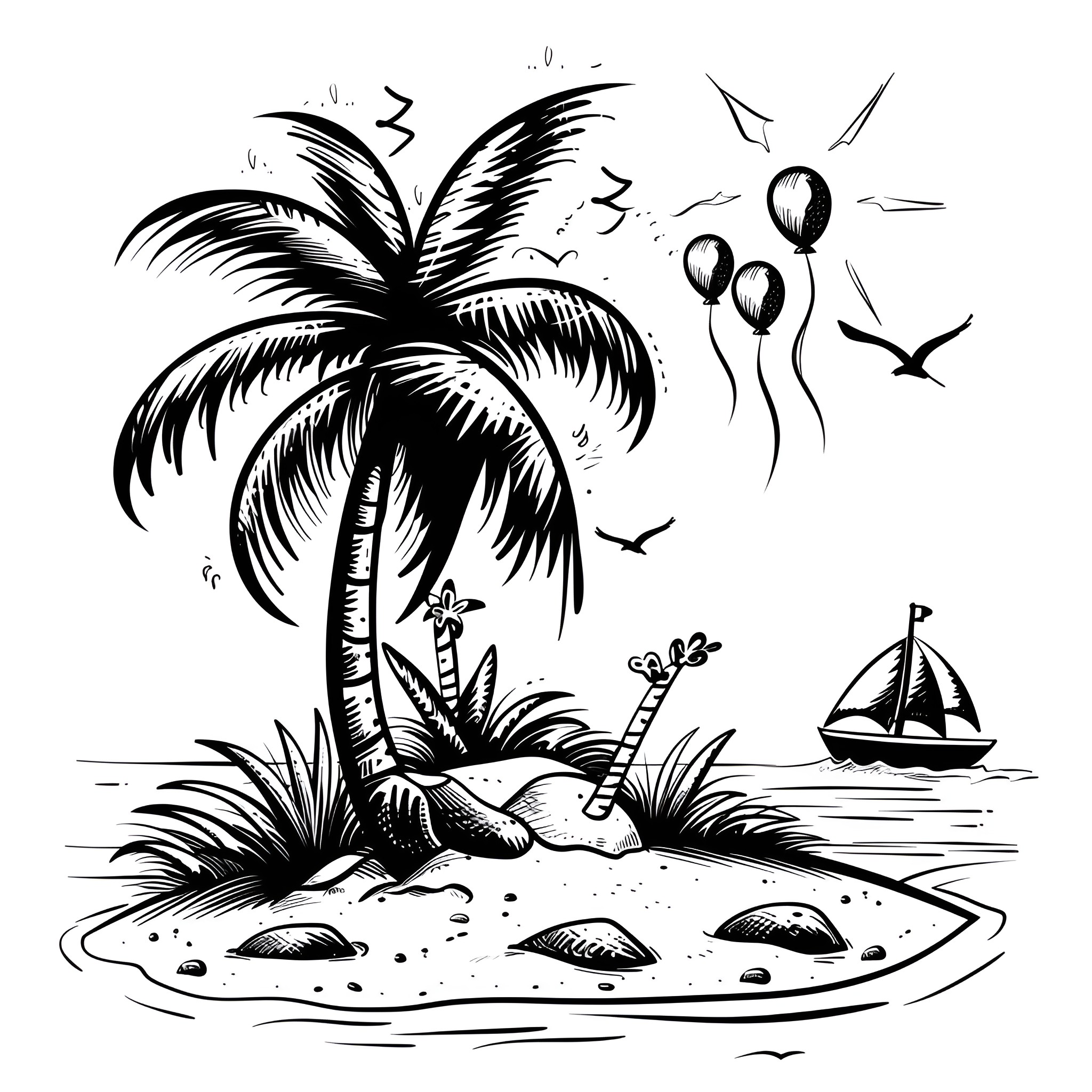 Happy Birthday tropical celebration Drawing Idea (free black-and-white line drawing printable PDF for all, from beginners to advanced learners, including children, teens, adults, and seniors)