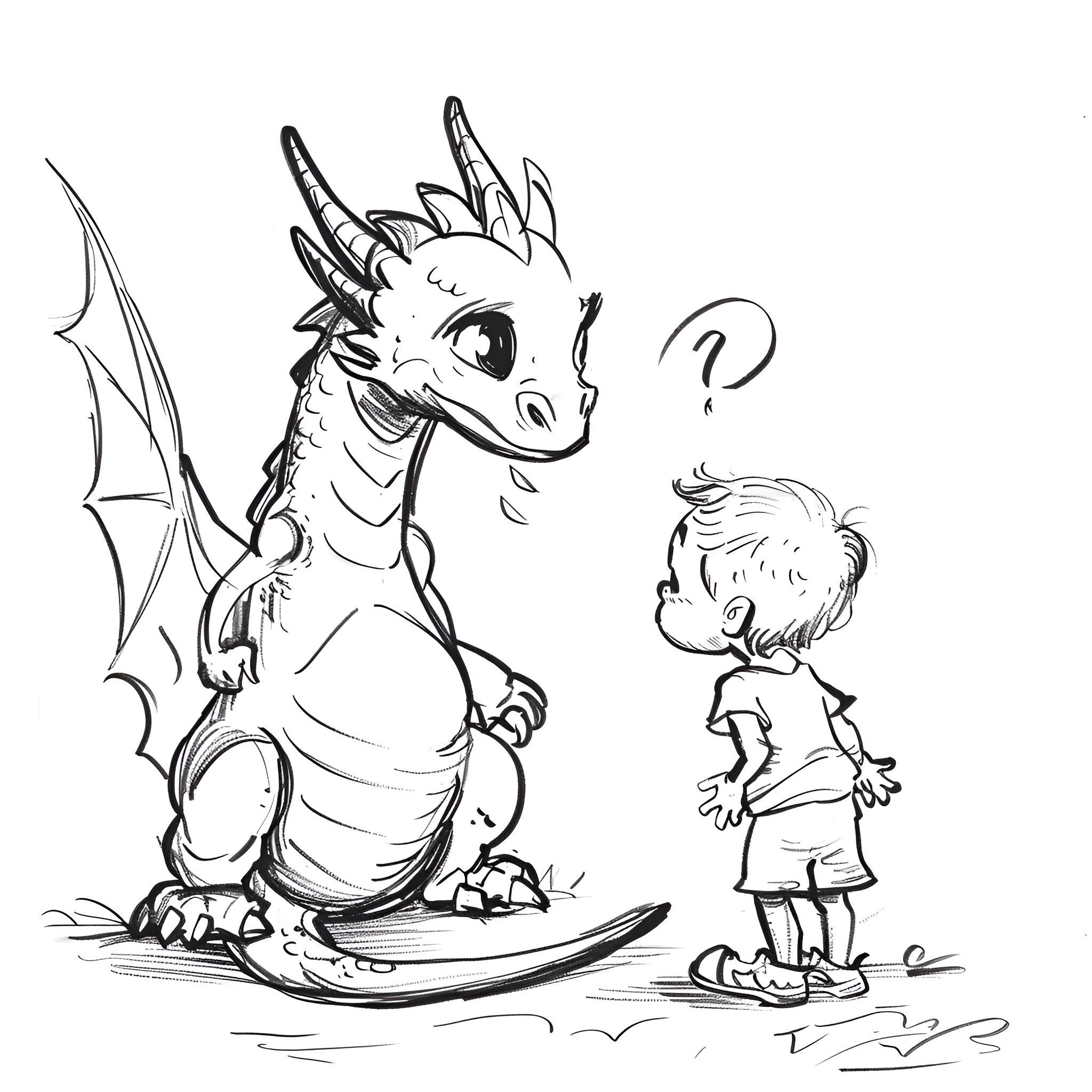 Dragon and curious child interacting Drawing Idea (free black-and-white line drawing printable PDF for all, from beginners to advanced learners, including children, teens, adults, and seniors)