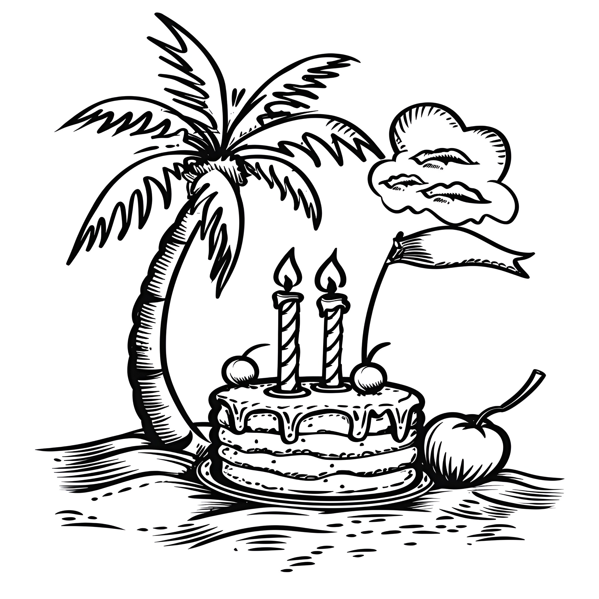 Happy Birthday Beach Party Celebration Drawing Idea (free black-and-white line drawing printable PDF for all, from beginners to advanced learners, including children, teens, adults, and seniors)
