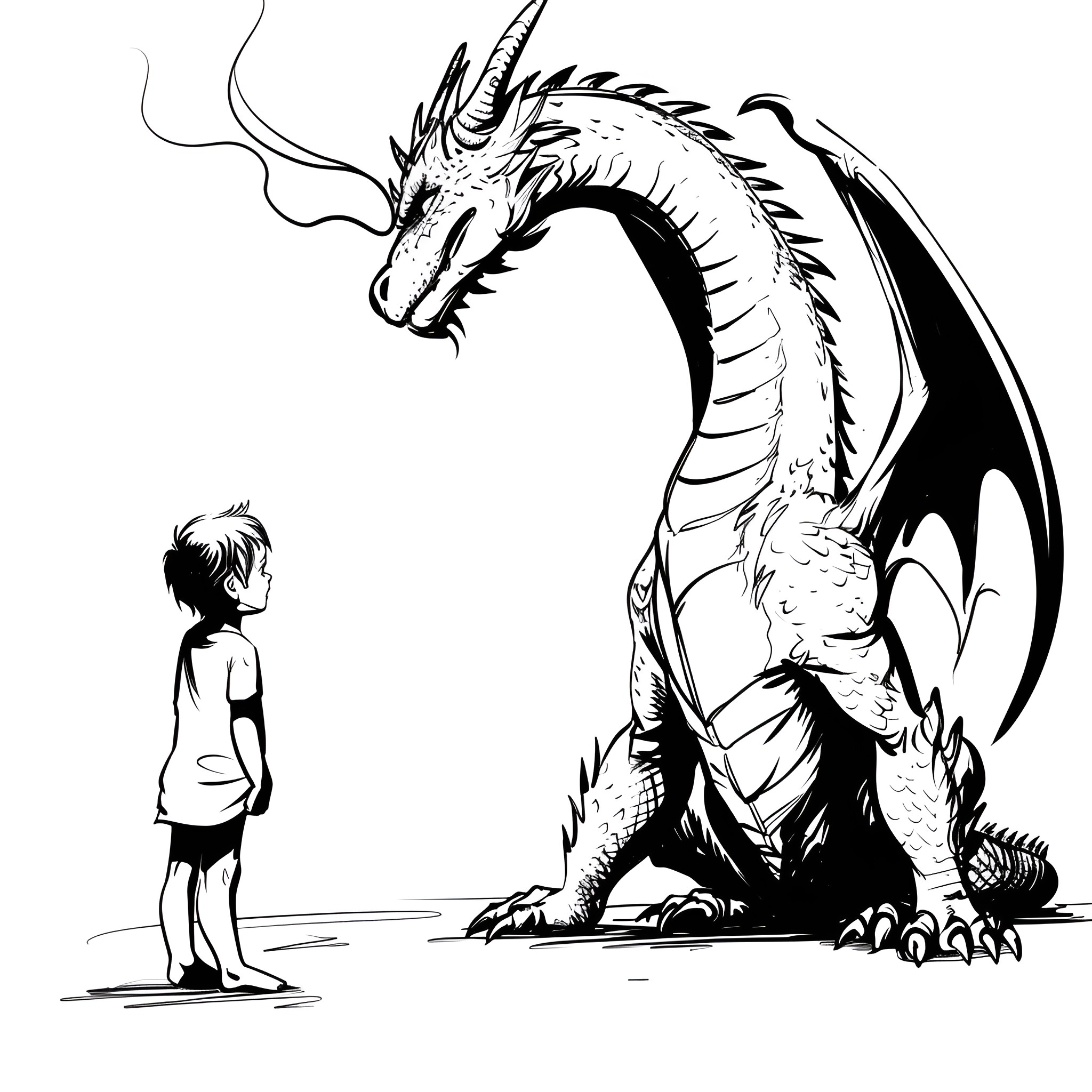 Dragon and boy in contemplative scene Drawing Idea (free black-and-white line drawing printable PDF for all, from beginners to advanced learners, including children, teens, adults, and seniors)