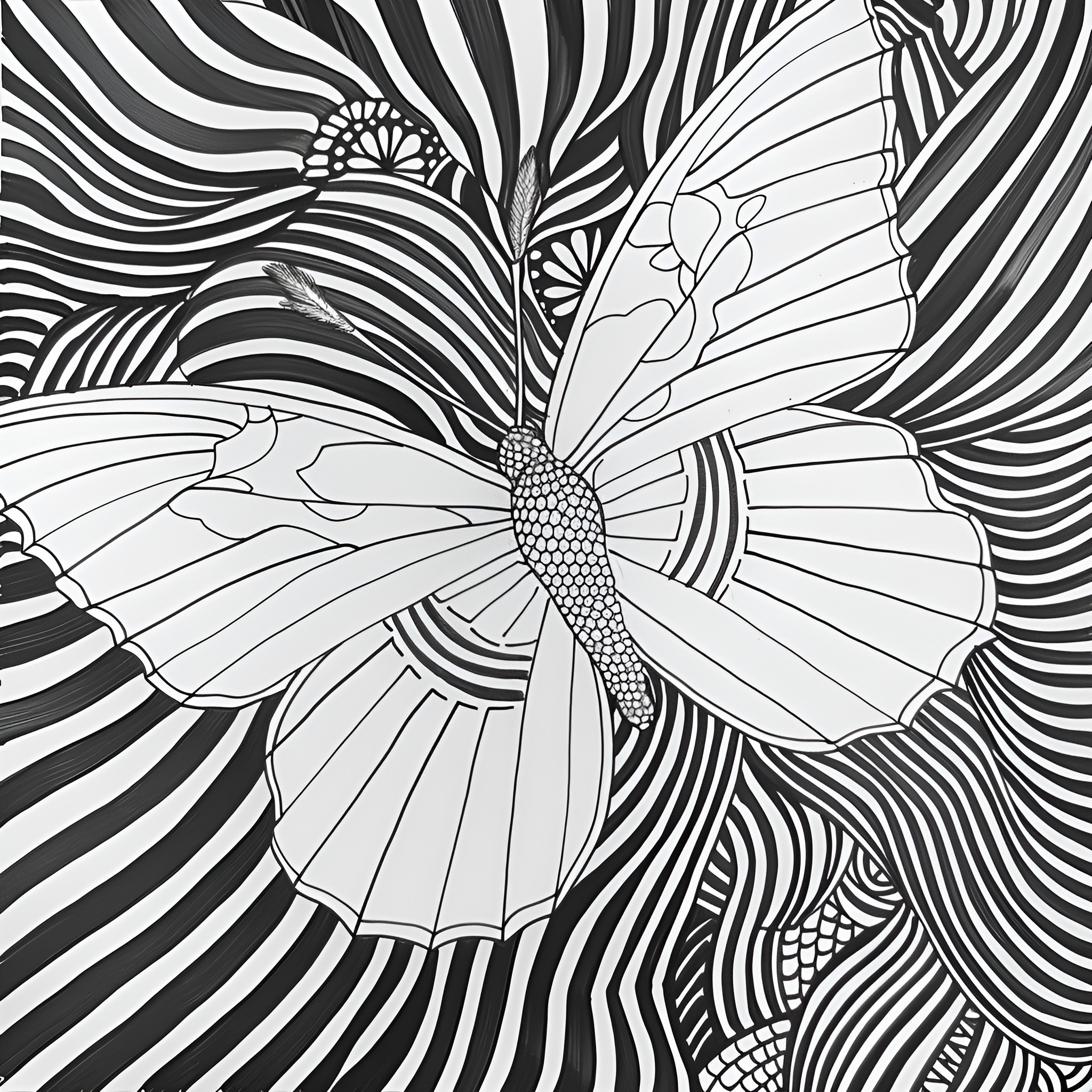 Butterfly in abstract monochrome pattern Drawing Idea (free black-and-white line drawing printable PDF for all, from beginners to advanced learners, including children, teens, adults, and seniors)