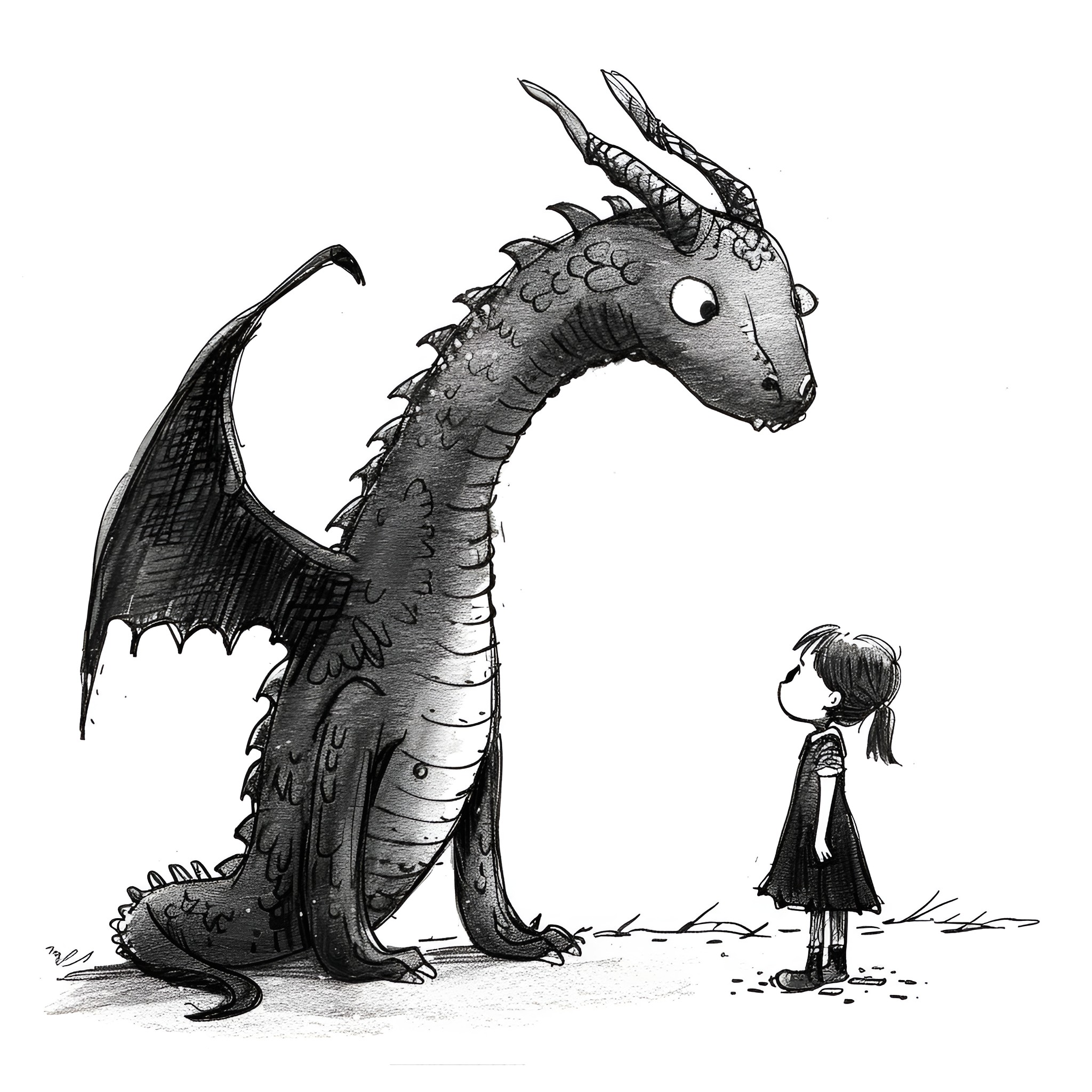 Dragon and the Curious Girl Drawing Idea (free black-and-white line drawing printable PDF for all, from beginners to advanced learners, including children, teens, adults, and seniors)