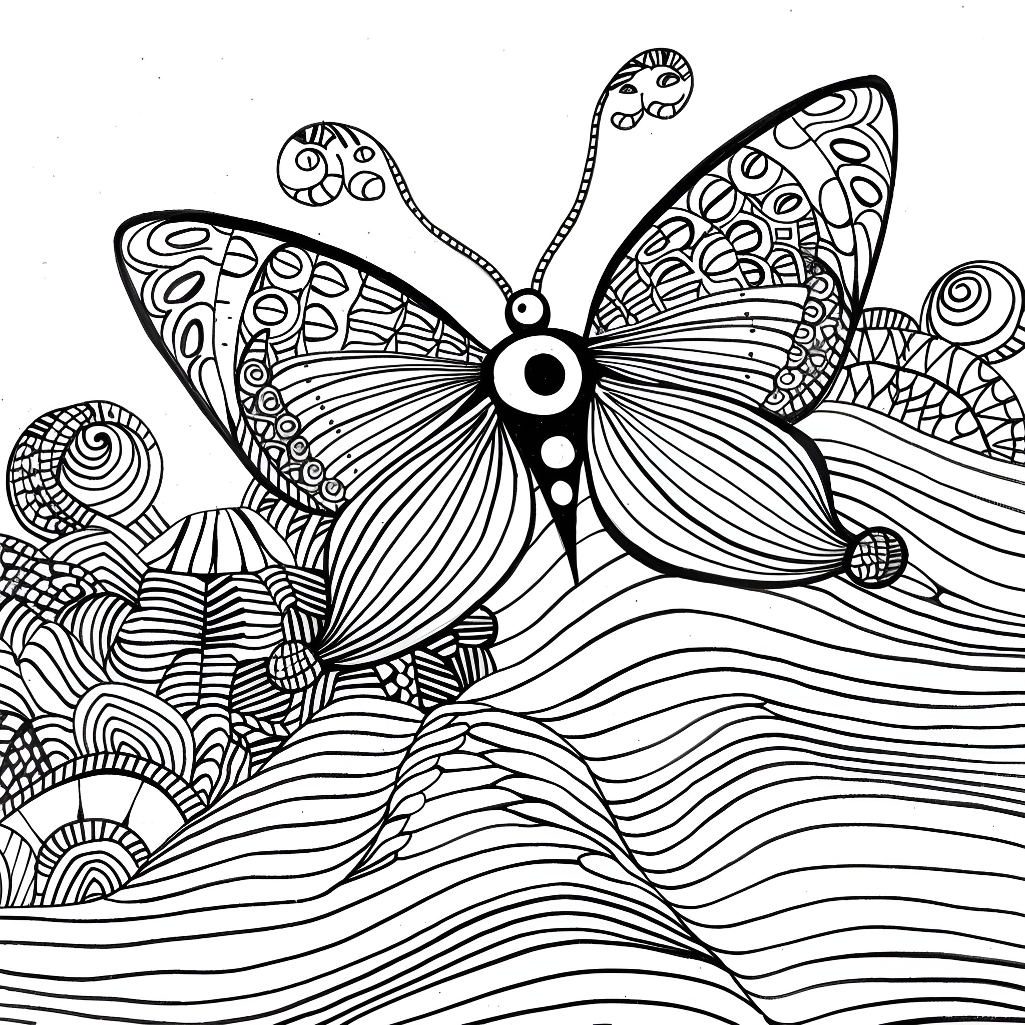 Butterfly in whimsical landscape Drawing Idea (free black-and-white line drawing printable PDF for all, from beginners to advanced learners, including children, teens, adults, and seniors)