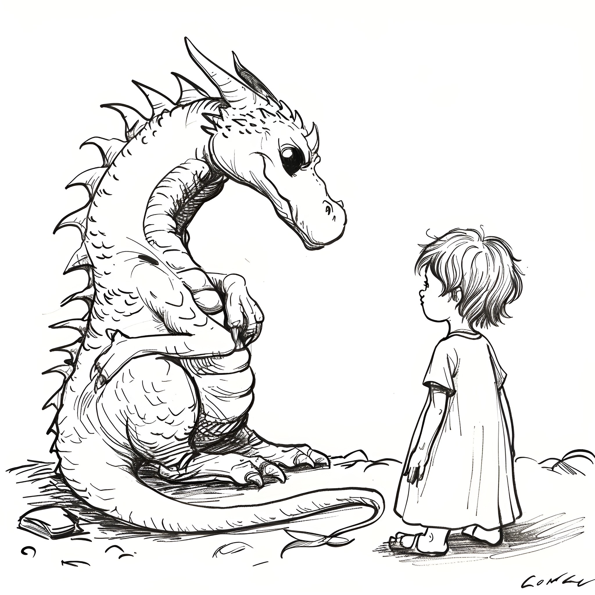 Dragon and Child in Discussion Drawing Idea (free black-and-white line drawing printable PDF for all, from beginners to advanced learners, including children, teens, adults, and seniors)