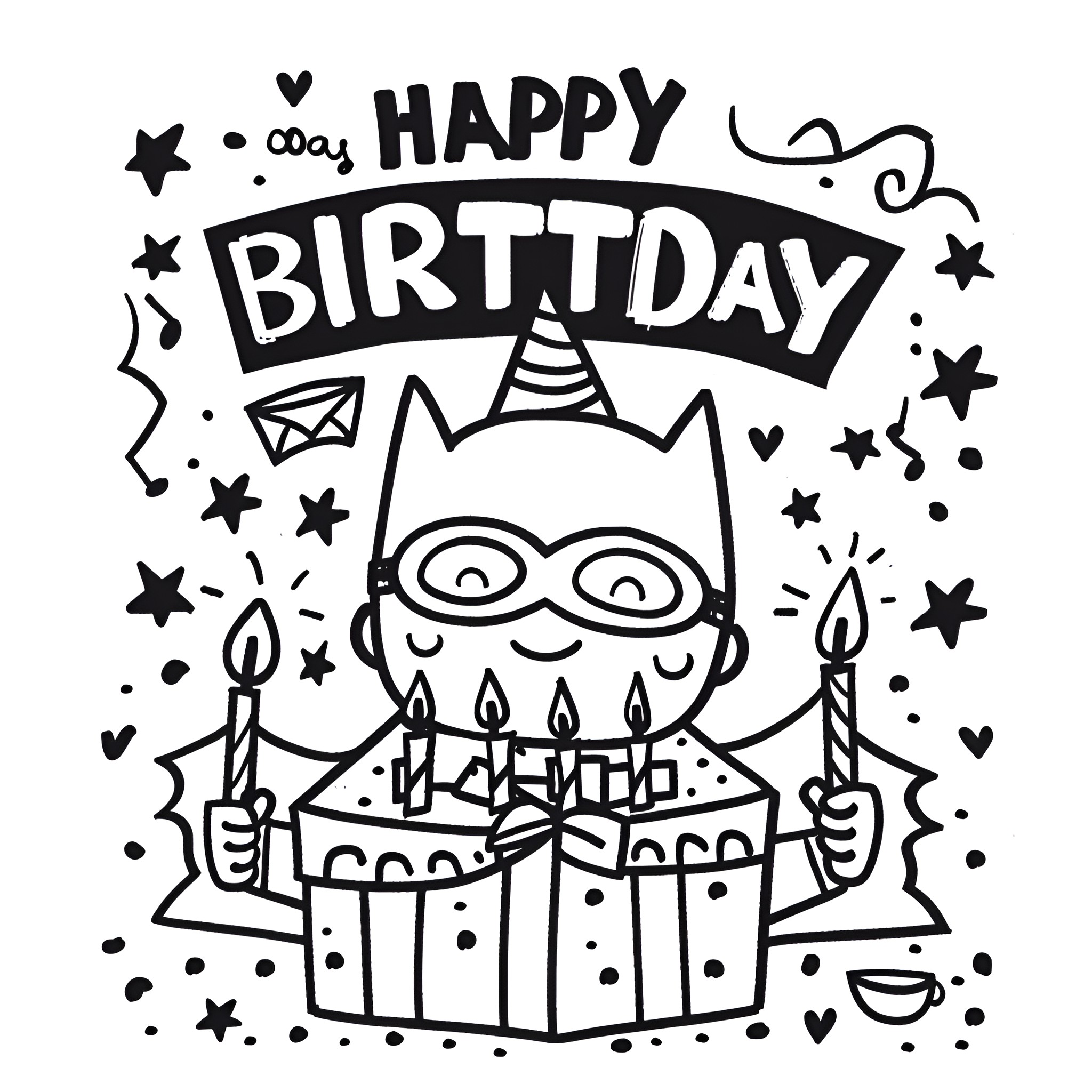 Happy Birthday with festive owl and cake Drawing Idea (free black-and-white line drawing printable PDF for all, from beginners to advanced learners, including children, teens, adults, and seniors)