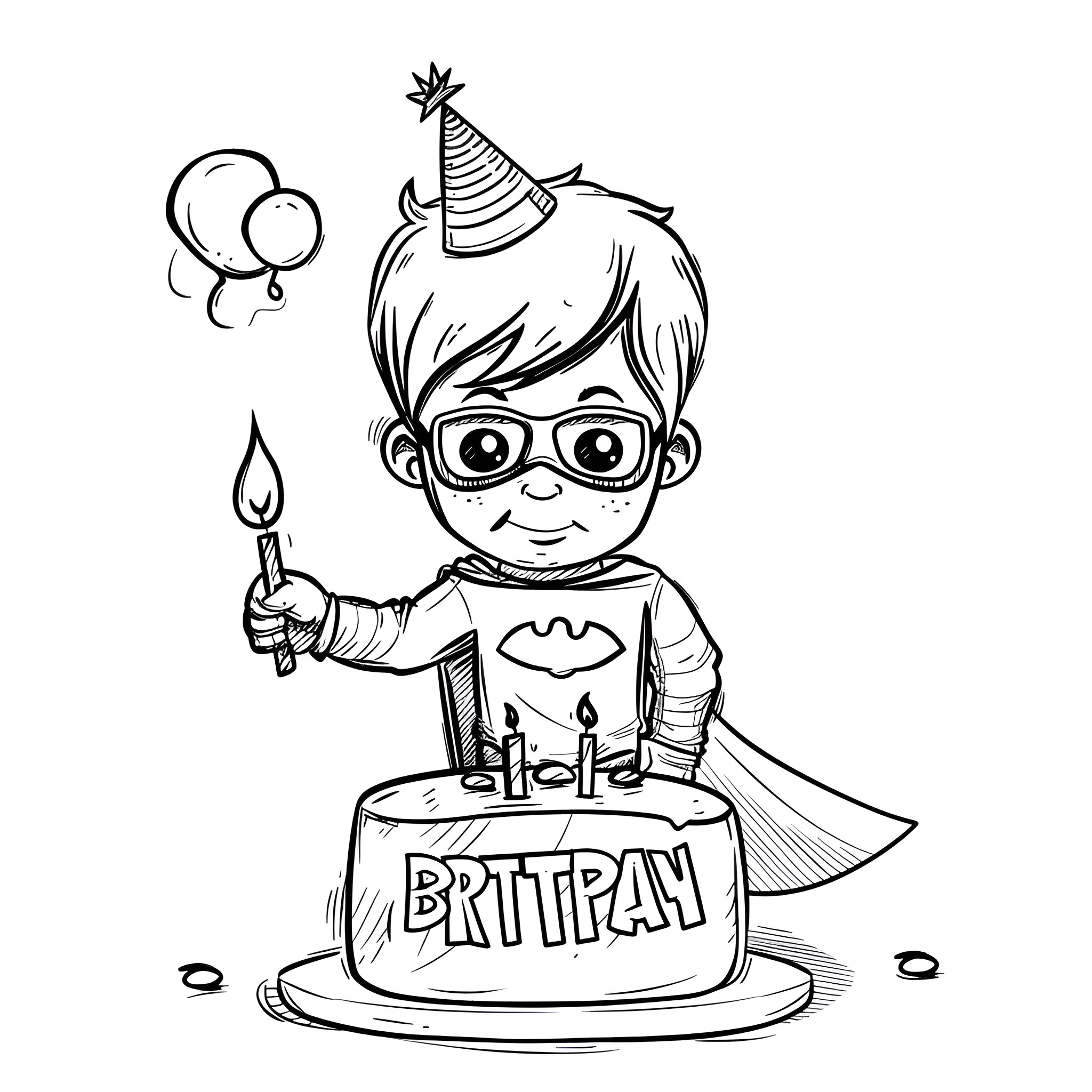 Happy Birthday to Superhero Boy with Cake Drawing Idea (free black-and-white line drawing printable PDF for all, from beginners to advanced learners, including children, teens, adults, and seniors)
