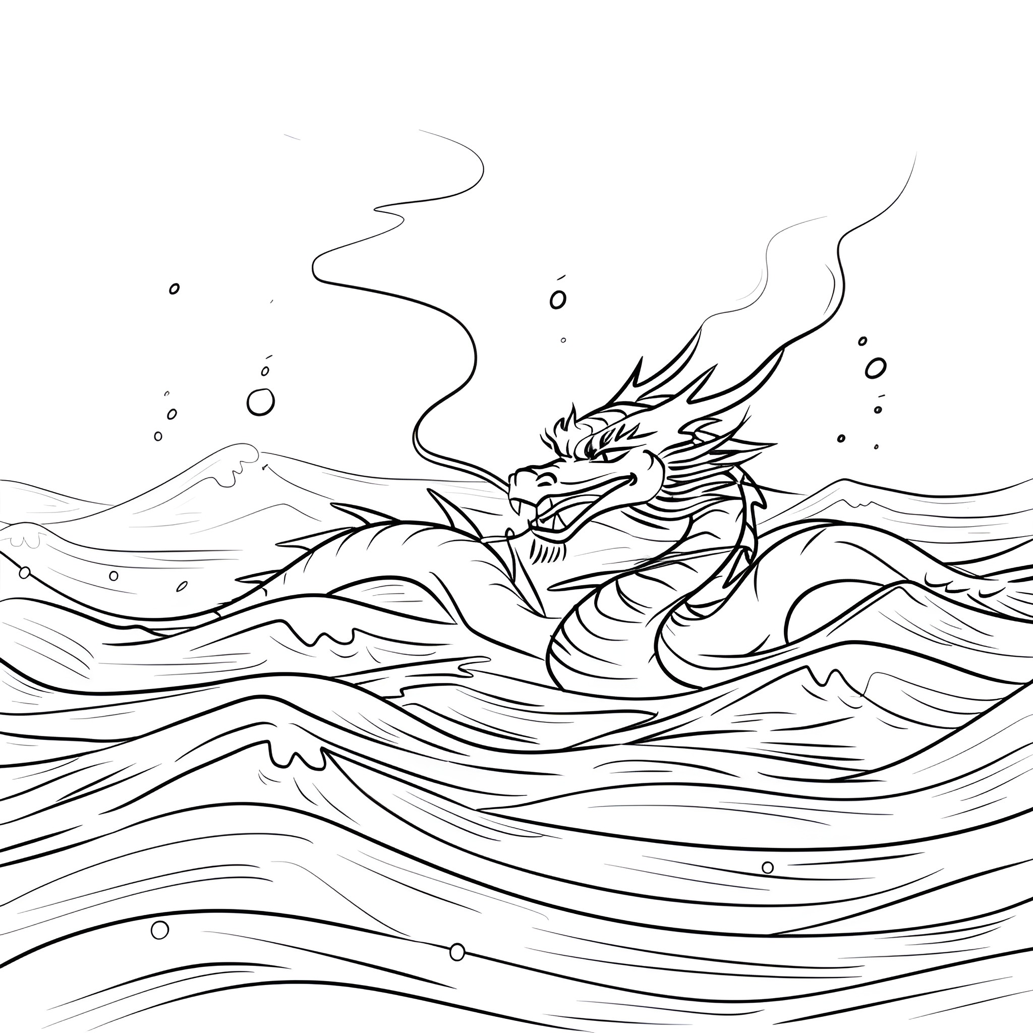 Dragon emerging from stormy waves Drawing Idea (free black-and-white line drawing printable PDF for all, from beginners to advanced learners, including children, teens, adults, and seniors)