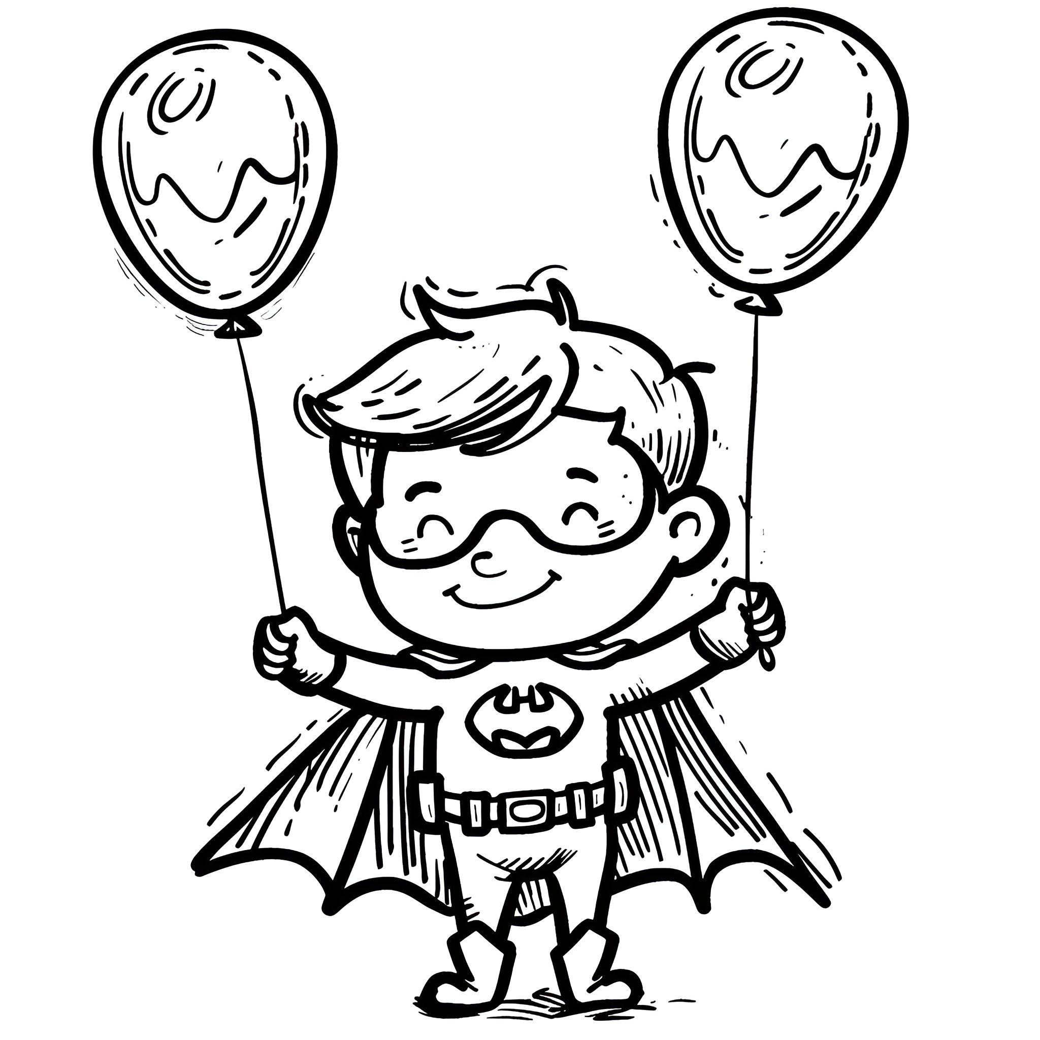 Happy Birthday superhero child with balloons Drawing Idea (free black-and-white line drawing printable PDF for all, from beginners to advanced learners, including children, teens, adults, and seniors)